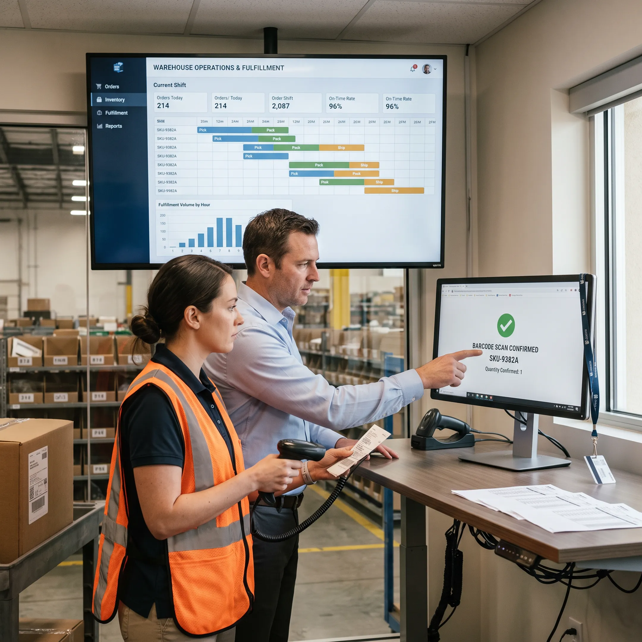 Smart warehouse scheduling dashboard beside organized inventory operations