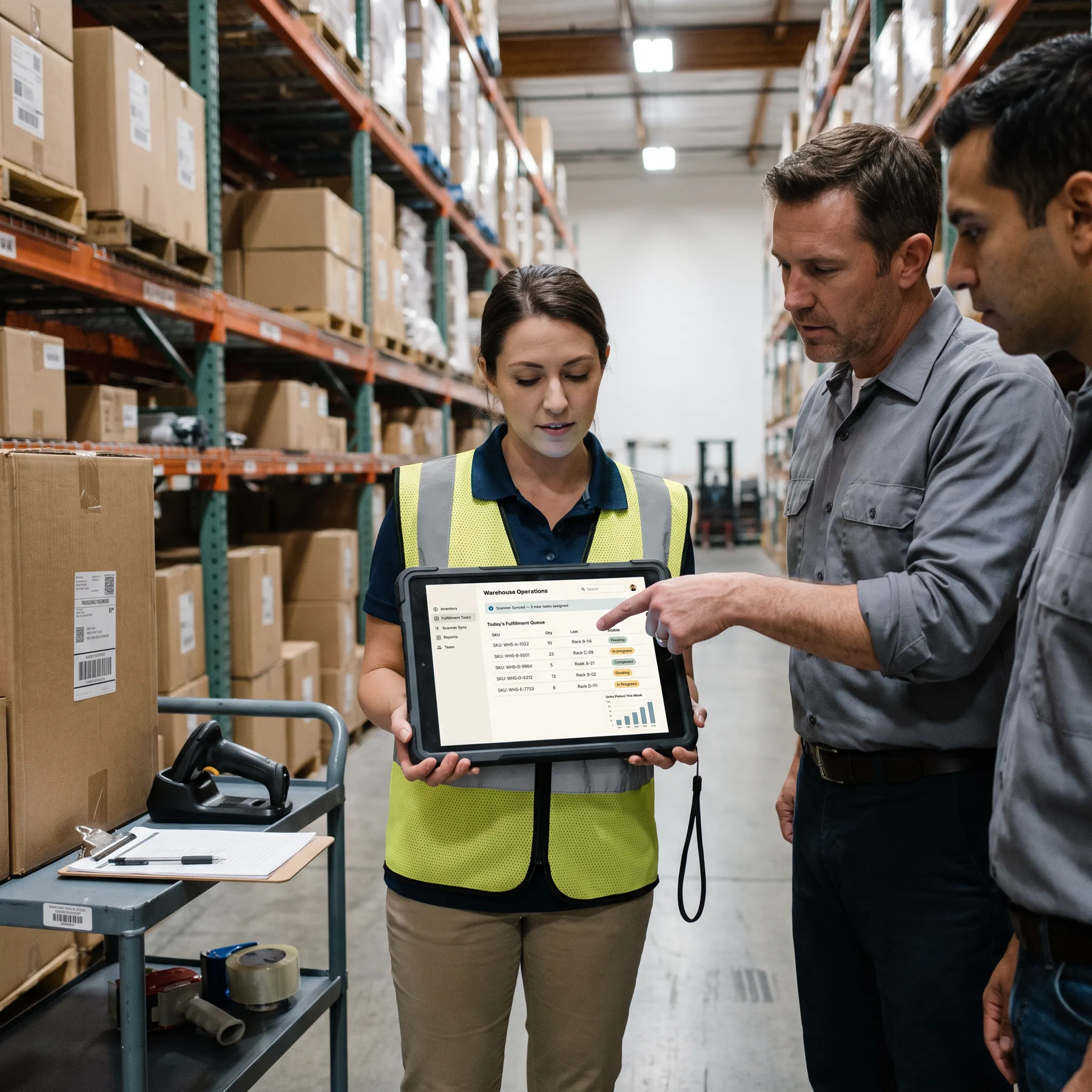 Warehouse team reviewing coordinated scheduling and inventory workflows