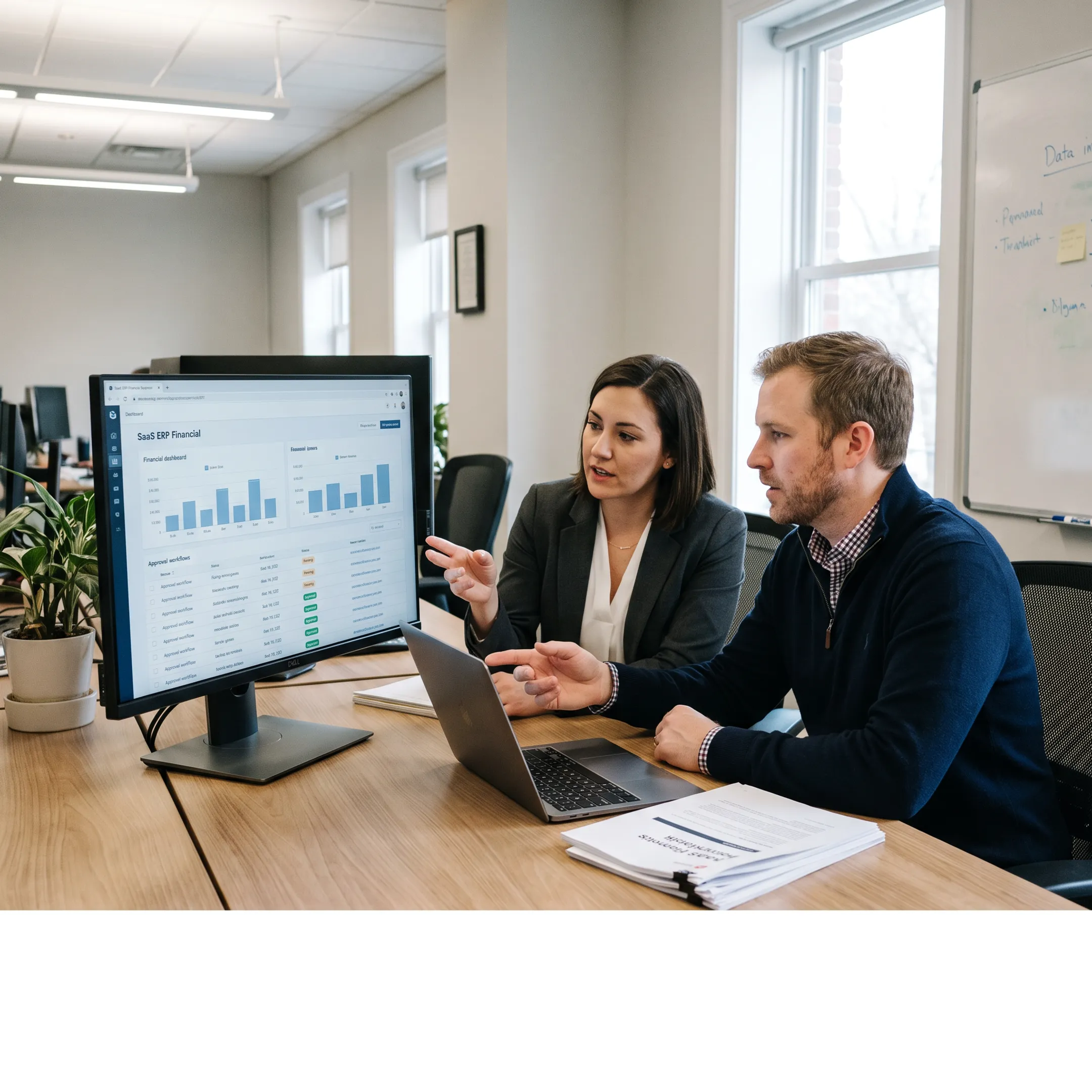 Team reviewing integrated financial software for energy operations