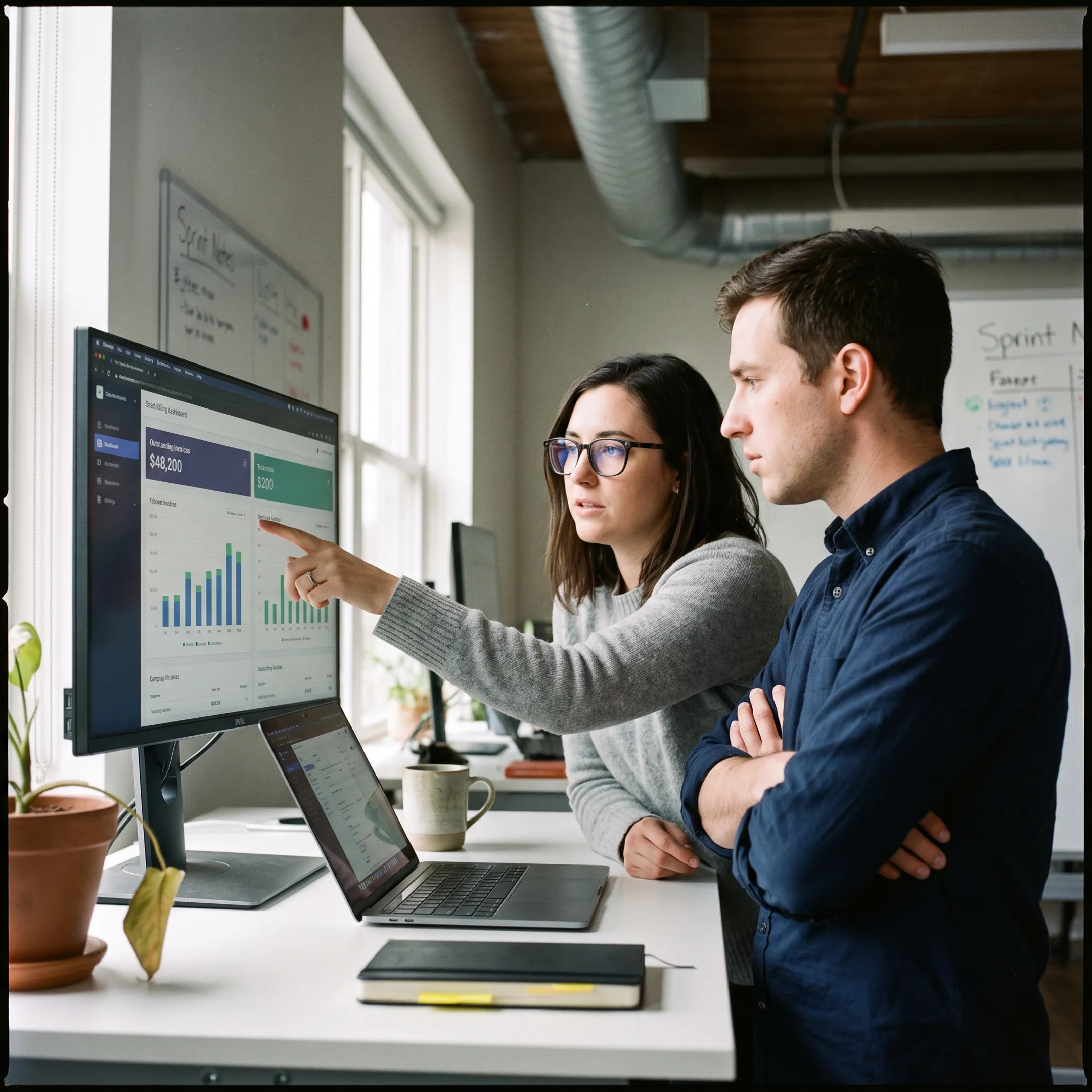 Developer reviewing custom billing software dashboard with invoices and financial workflow screens