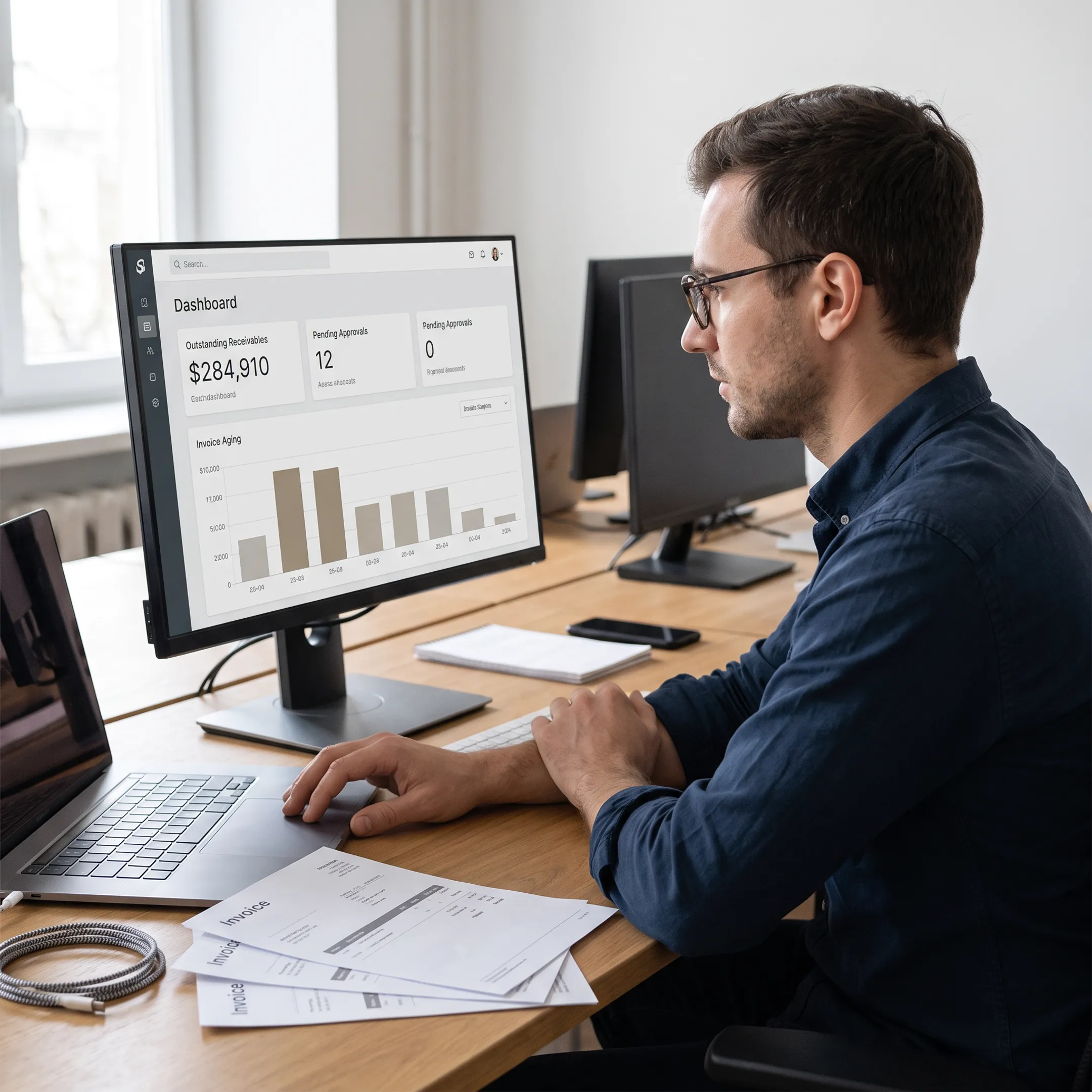 Custom billing application showing invoice management and financial reporting