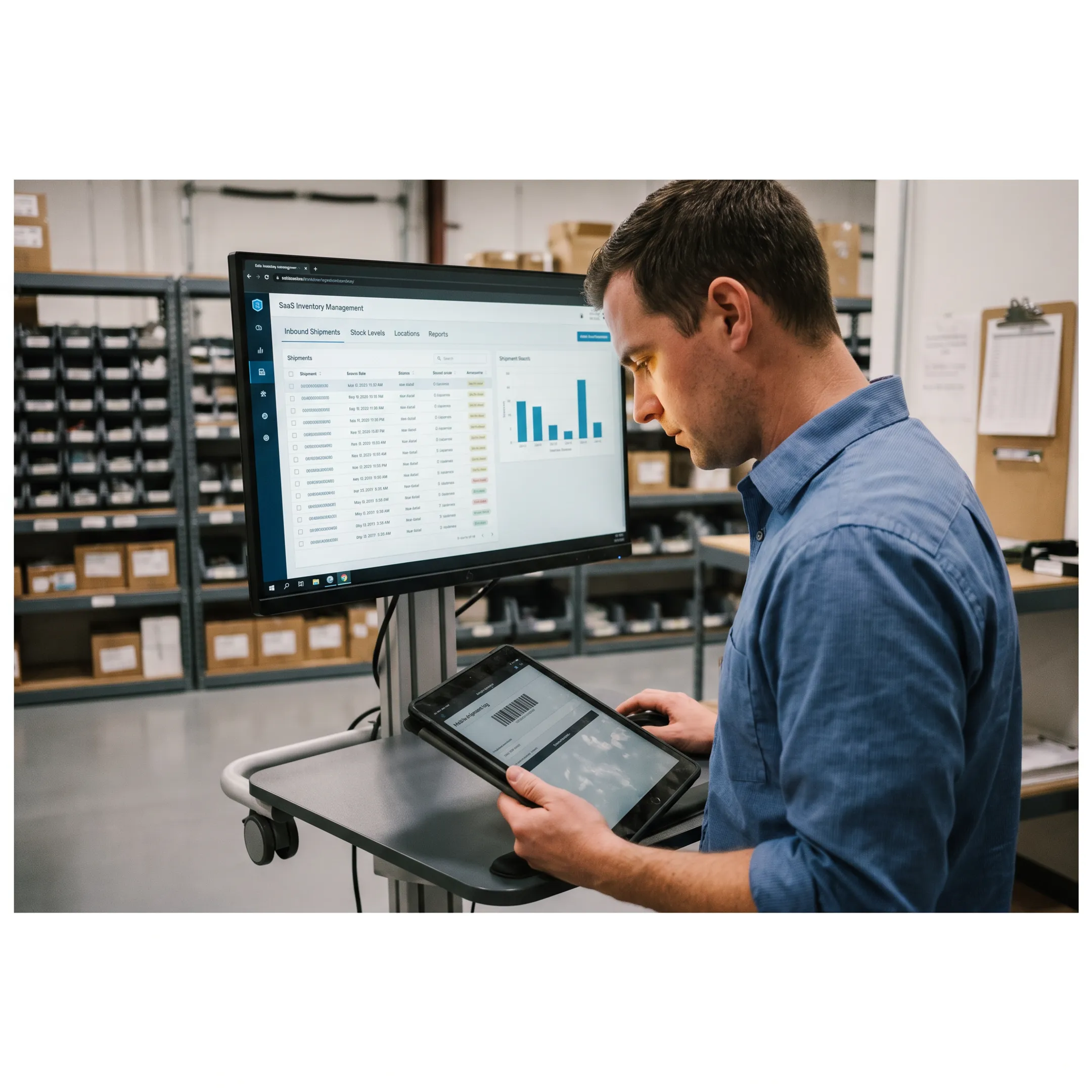 Operations manager reviewing inbound inventory data