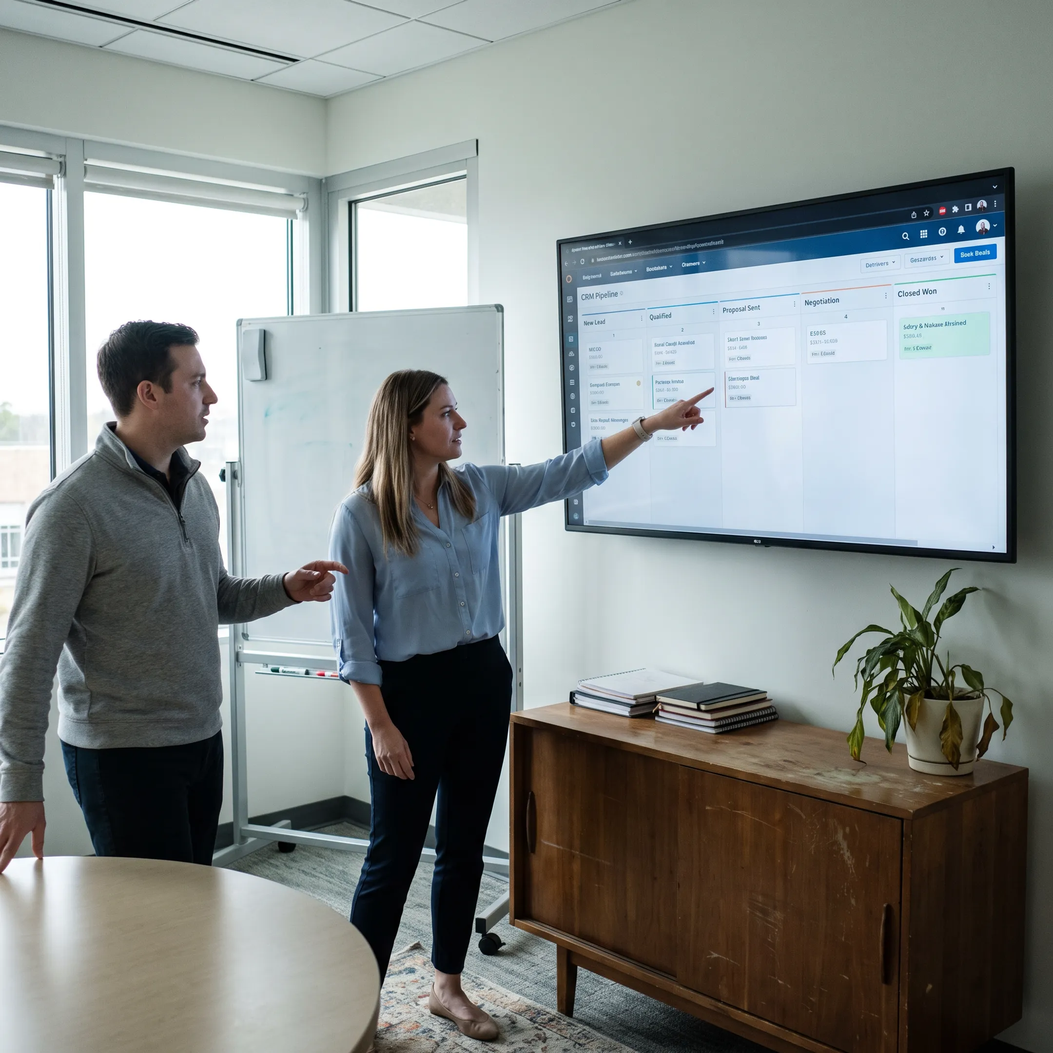 Business team reviewing a CRM dashboard on a large screen