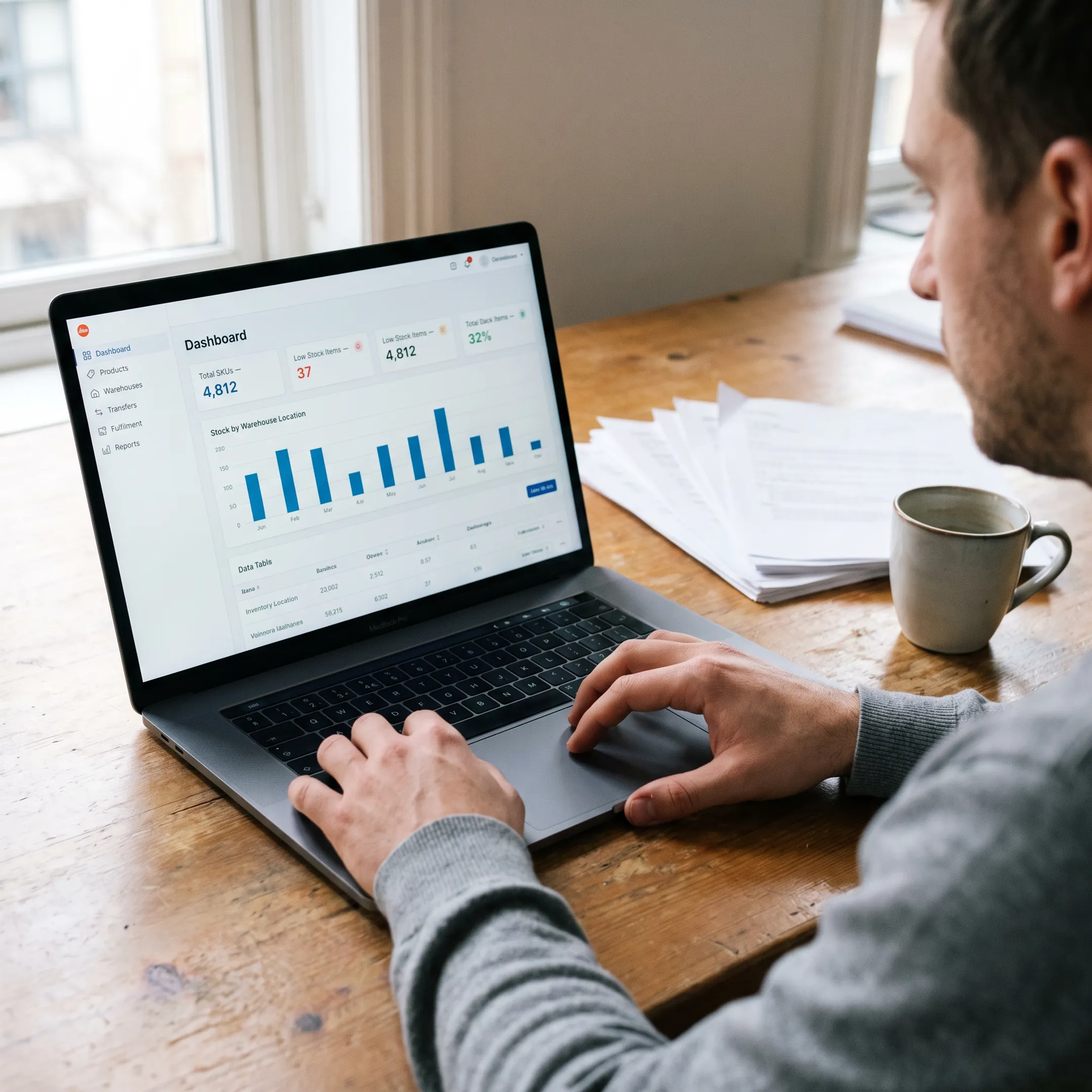 Custom inventory management dashboard displayed on a business laptop