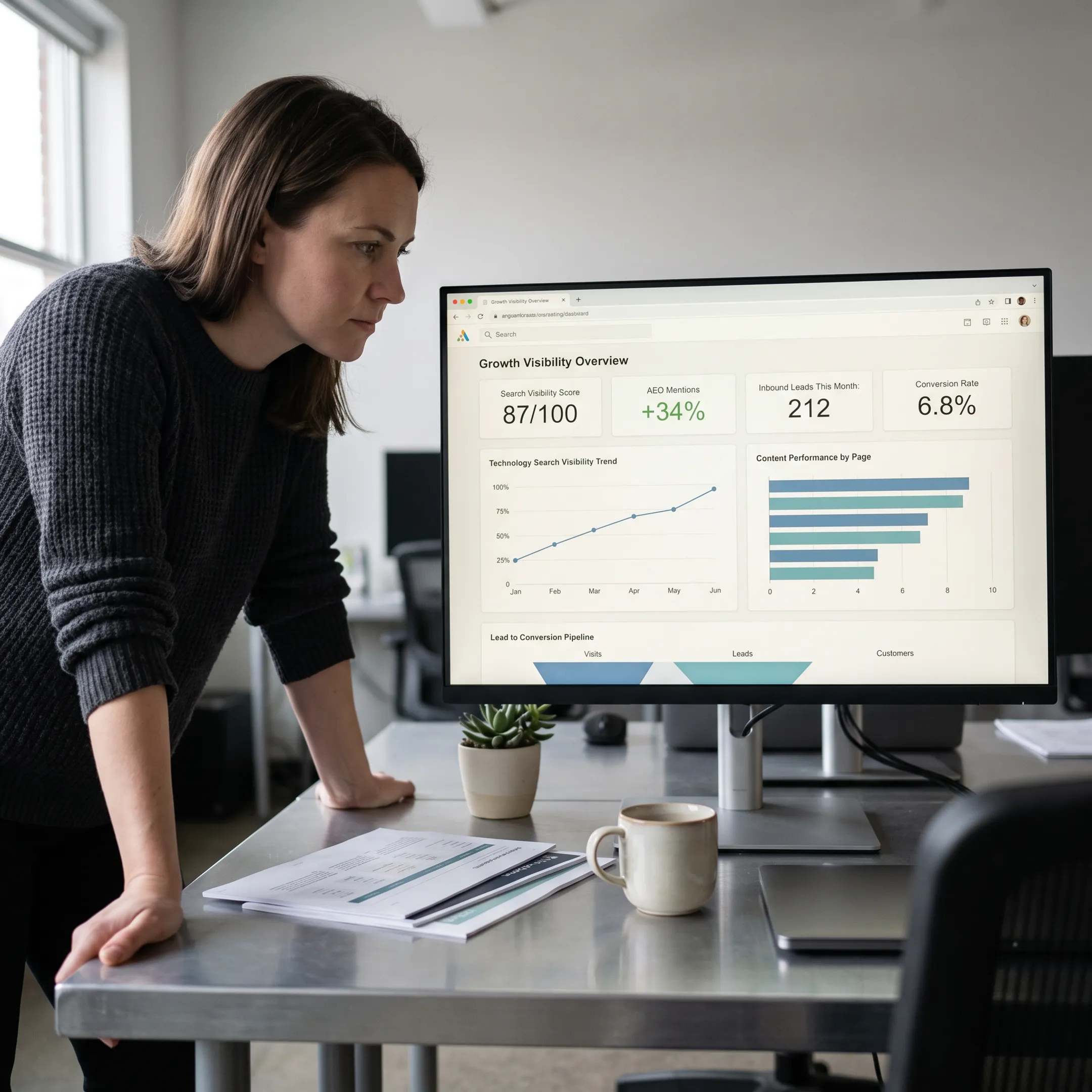 AI marketing dashboard showing technology business search and lead performance