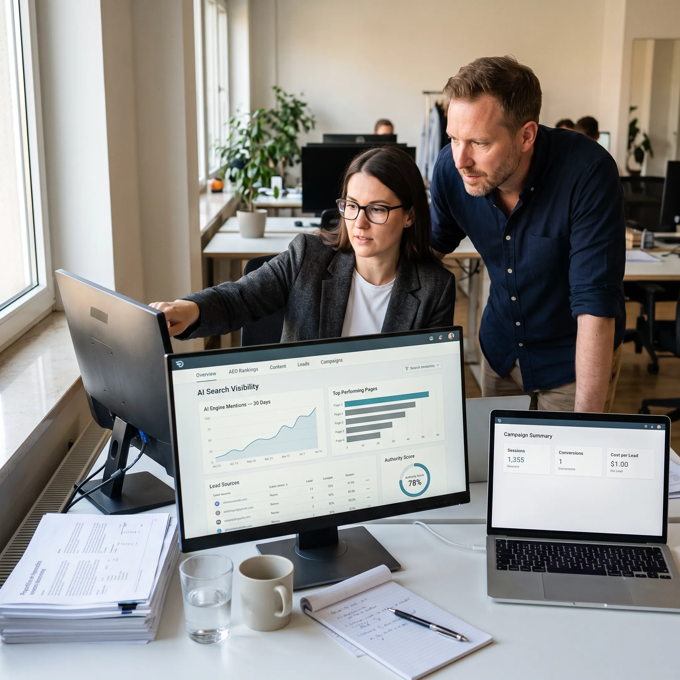 Technology marketing team reviewing AI search and lead generation analytics