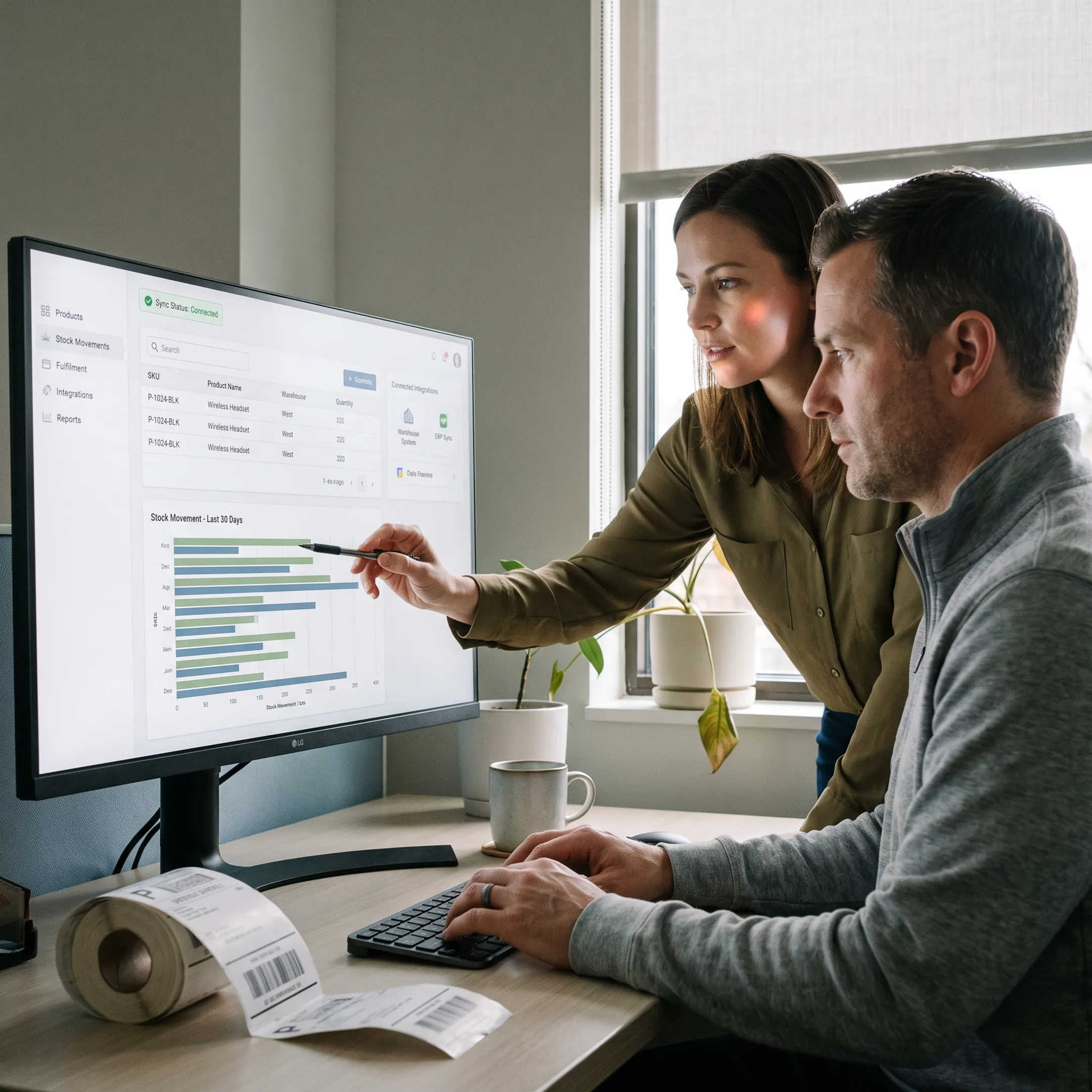 Retail team reviewing inventory data on a software dashboard