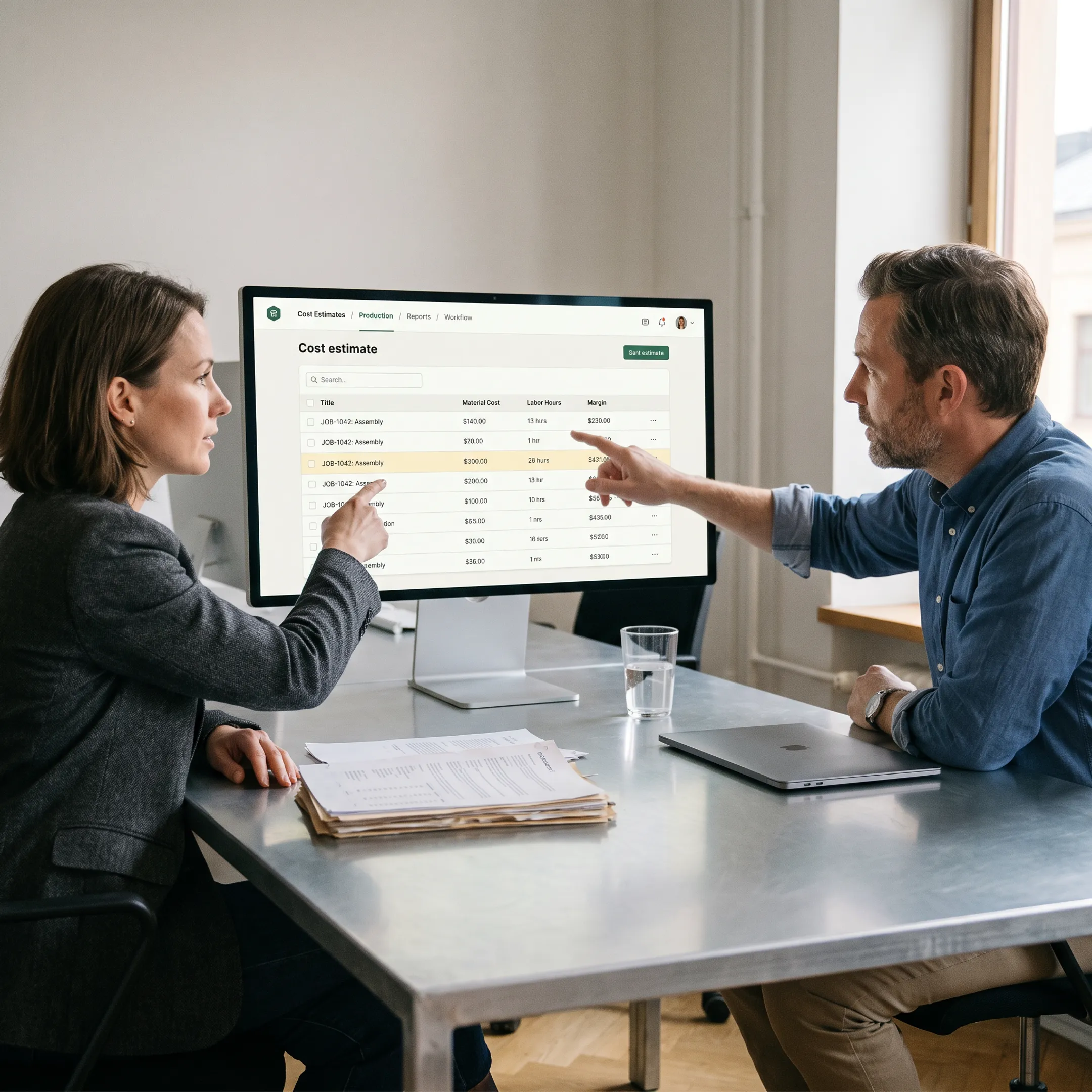 Team reviewing a manufacturing cost estimate software interface
