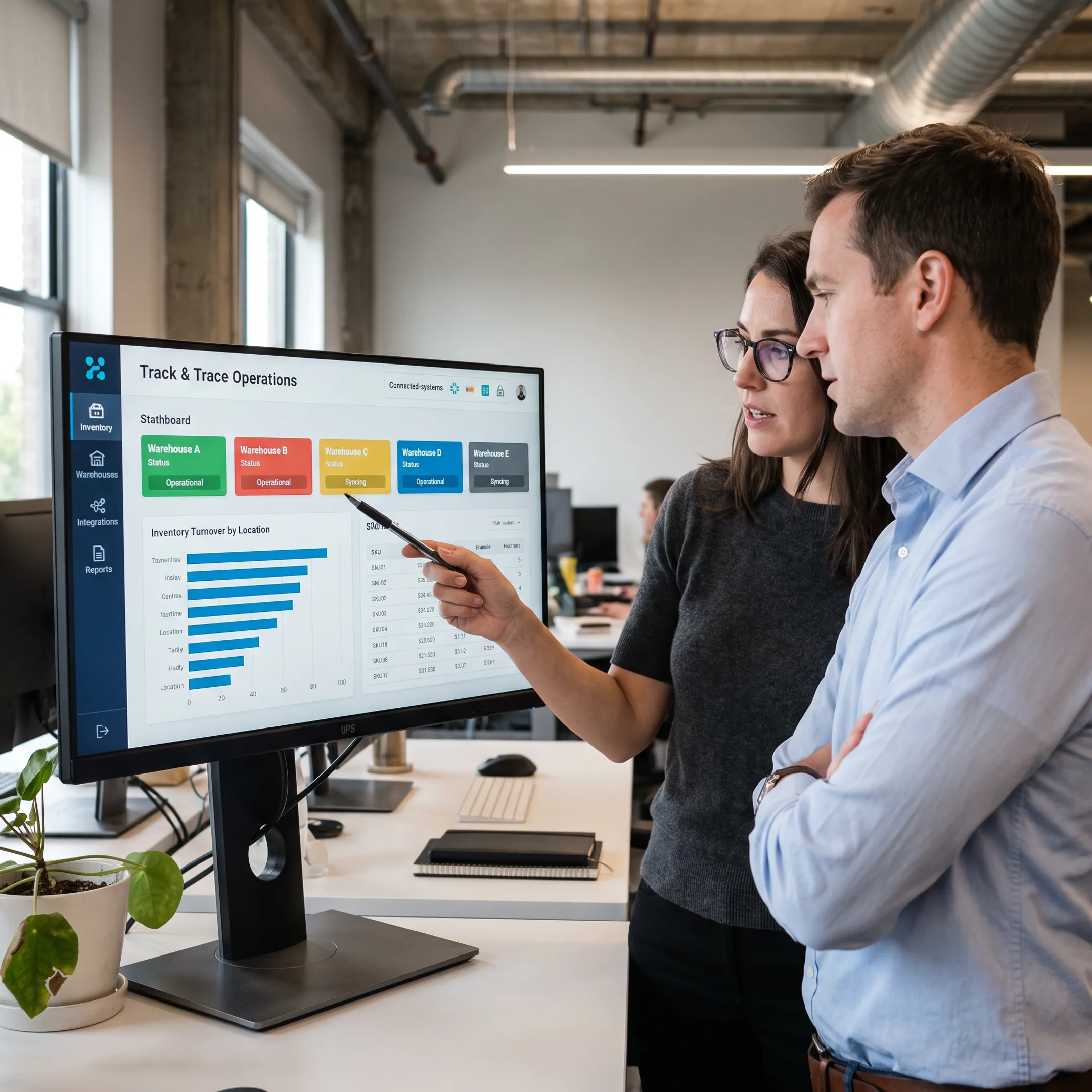 Team reviewing a track and trace software interface