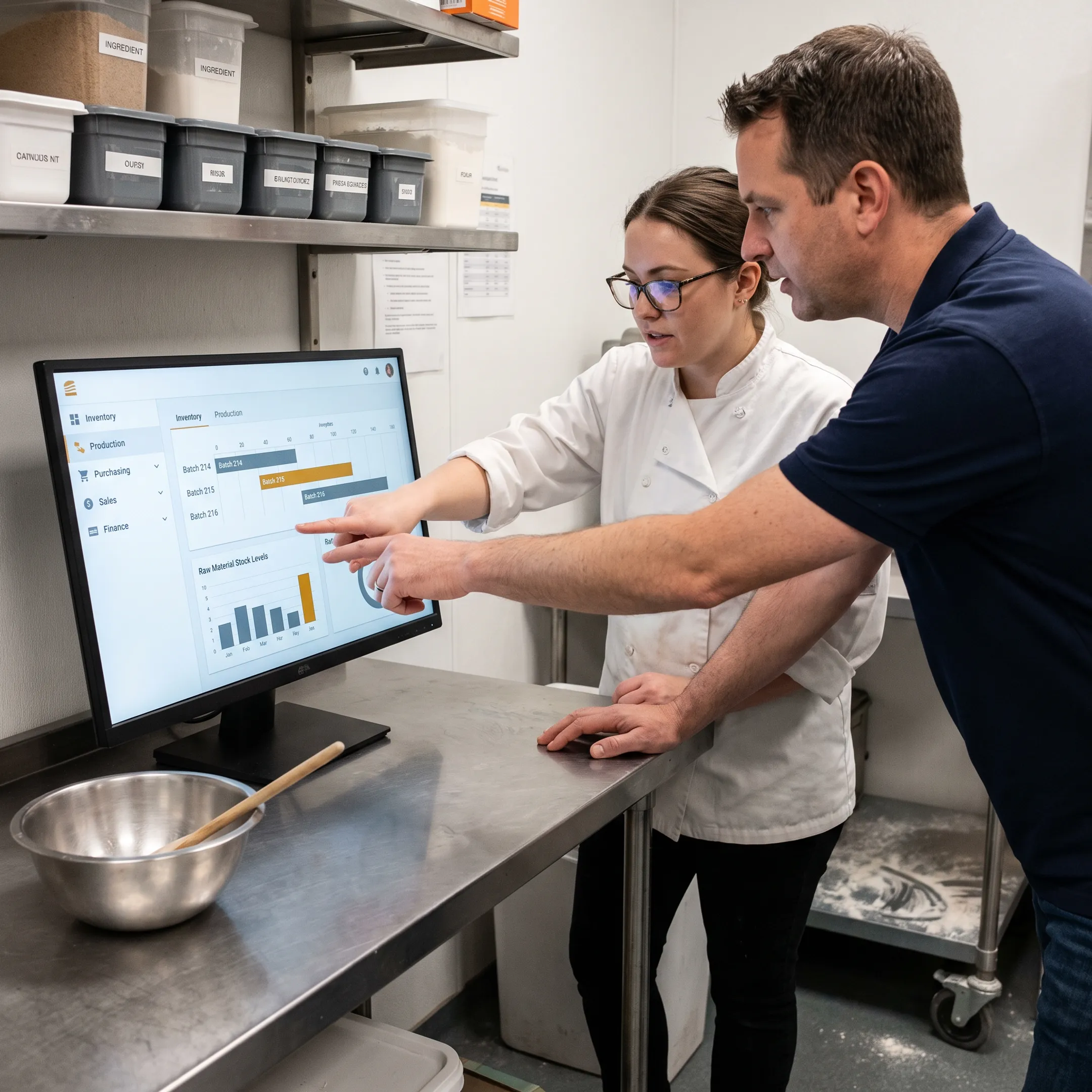Bakery team reviewing ERP dashboards beside production planning screens