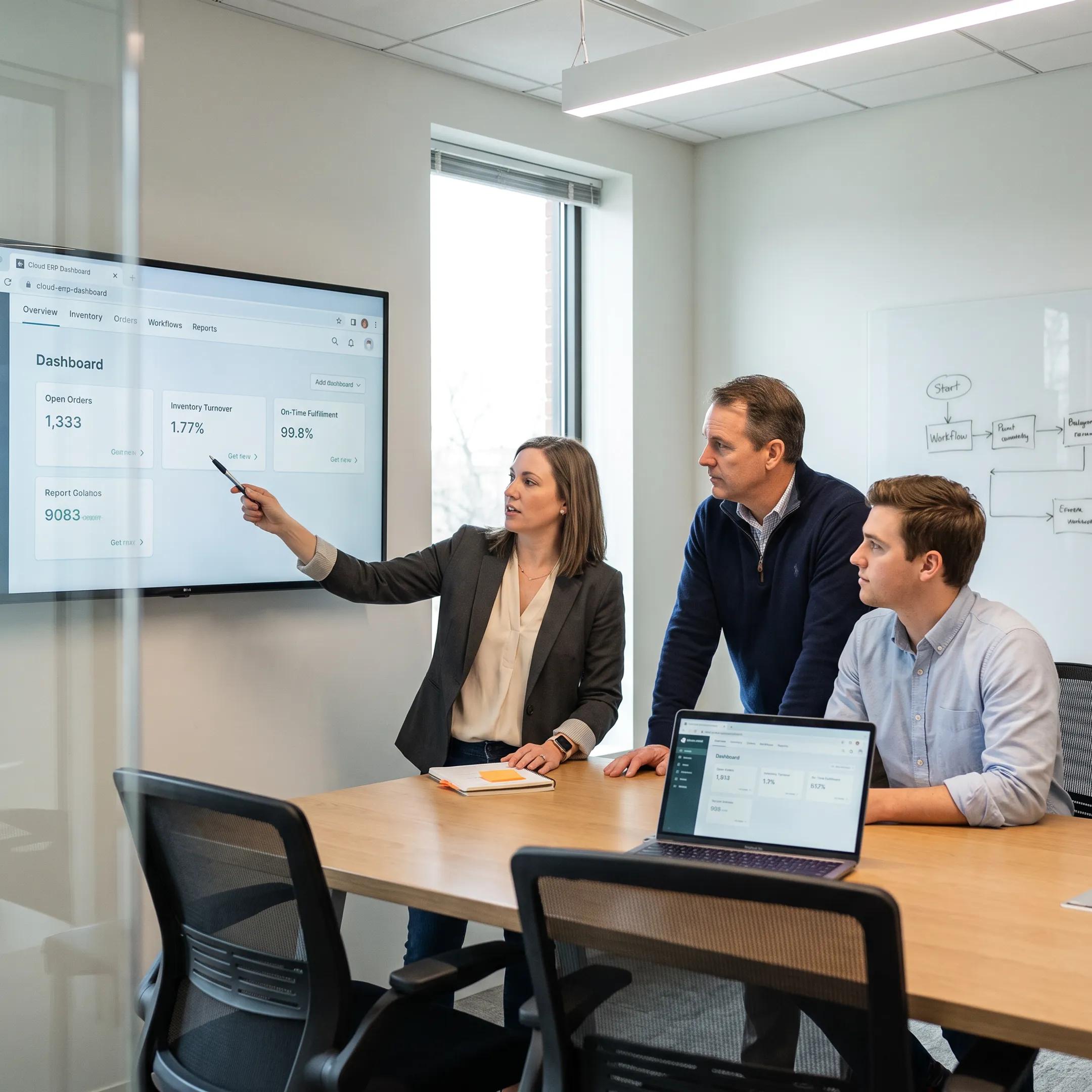 Consultants reviewing a cloud ERP dashboard with business stakeholders