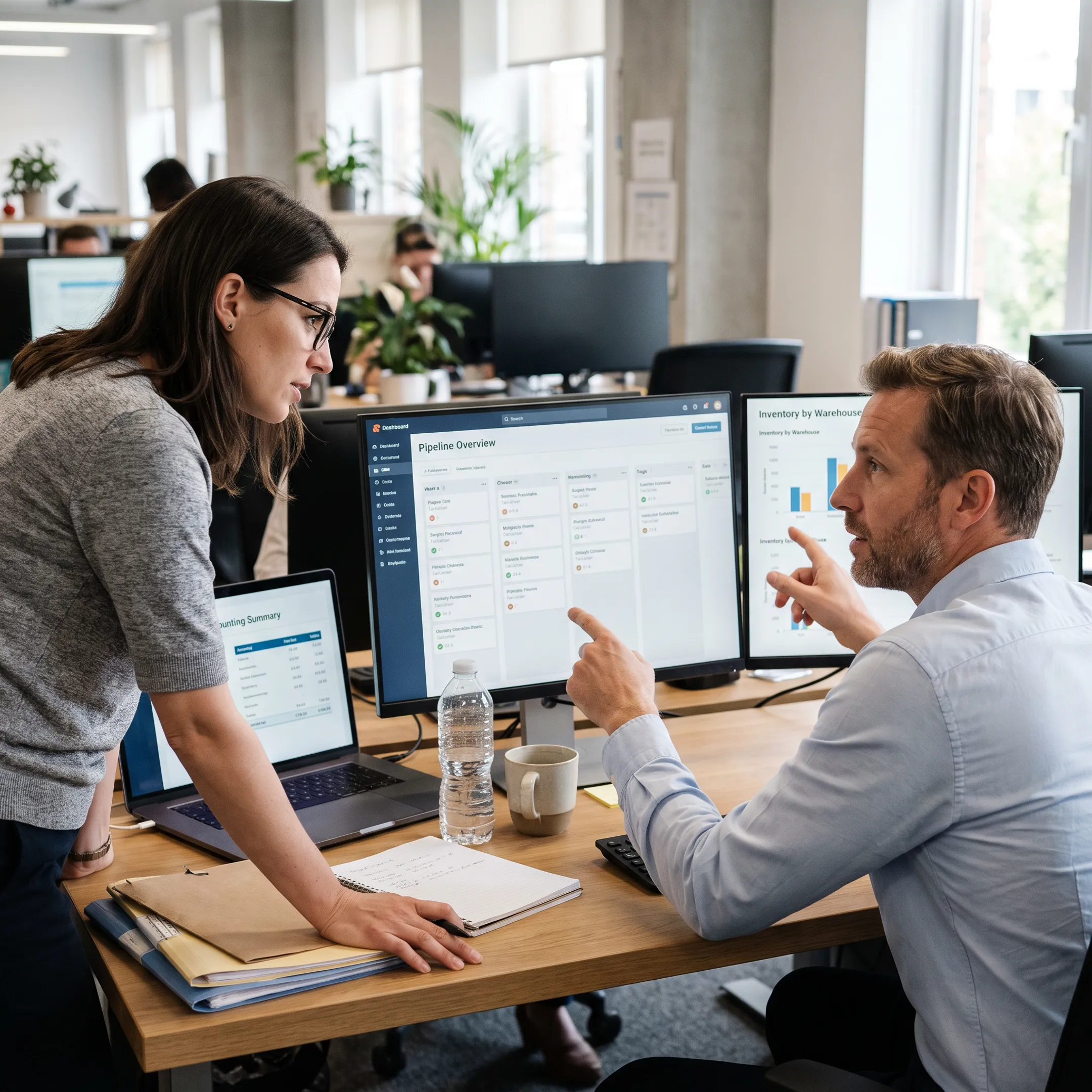 Technology team planning connected business systems on a digital integration dashboard