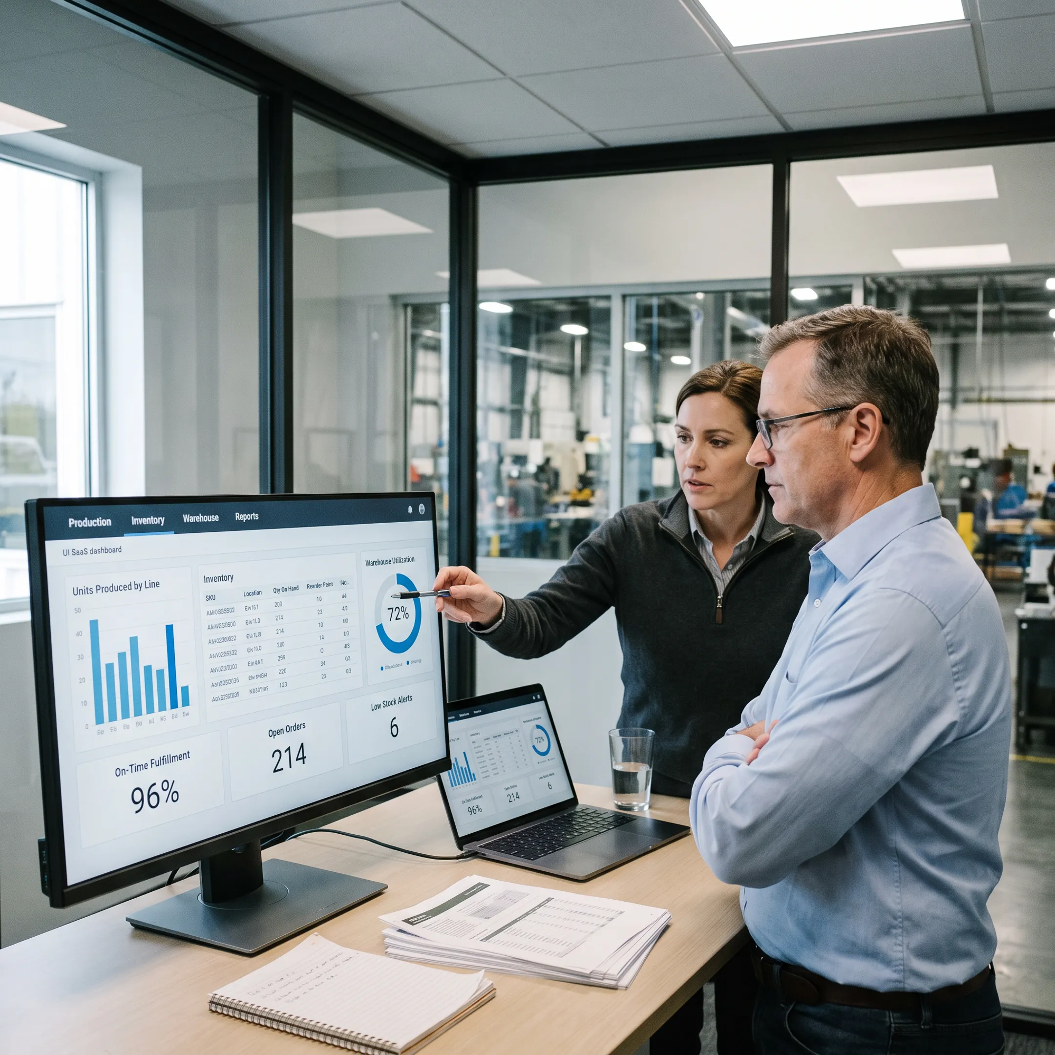 Team reviewing a production tracking dashboard