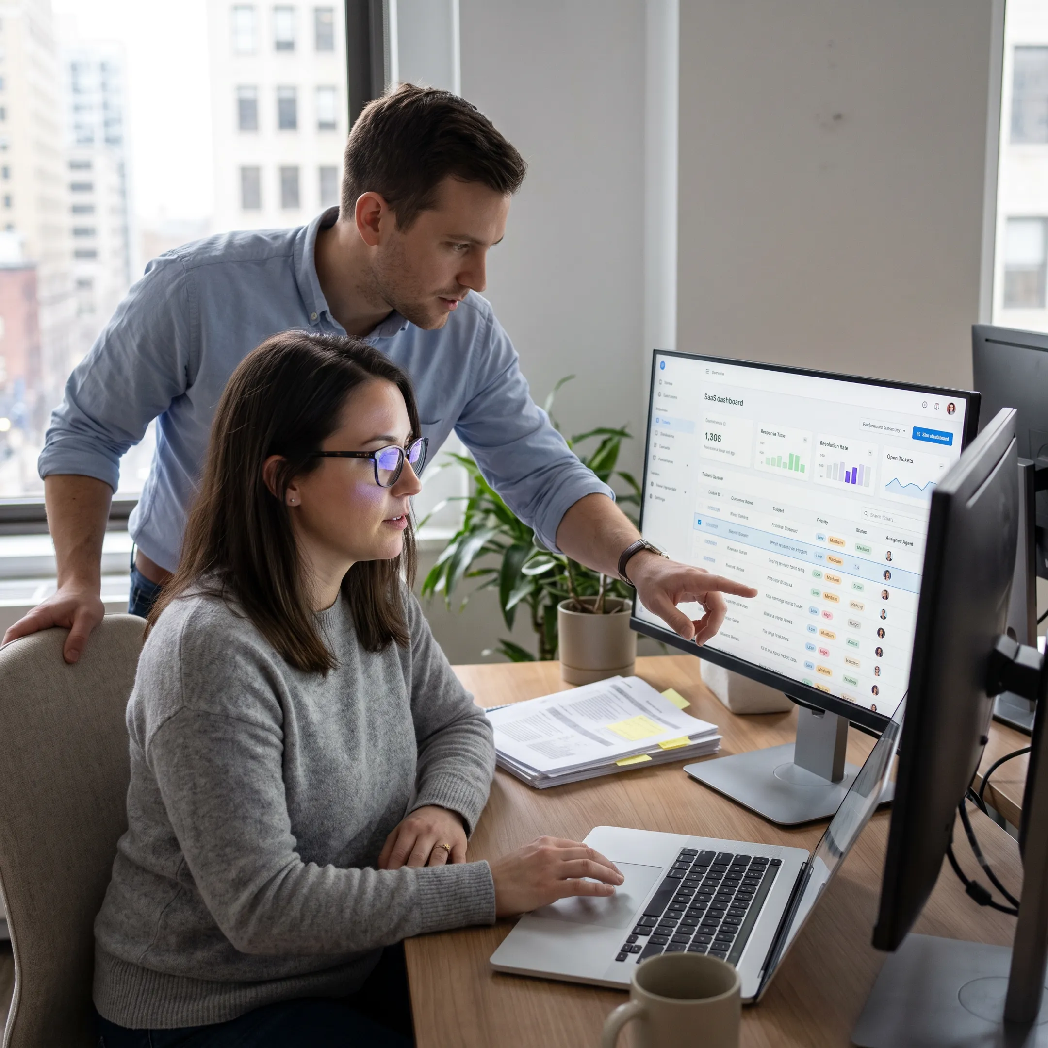 Support team reviewing customer requests on a connected management dashboard