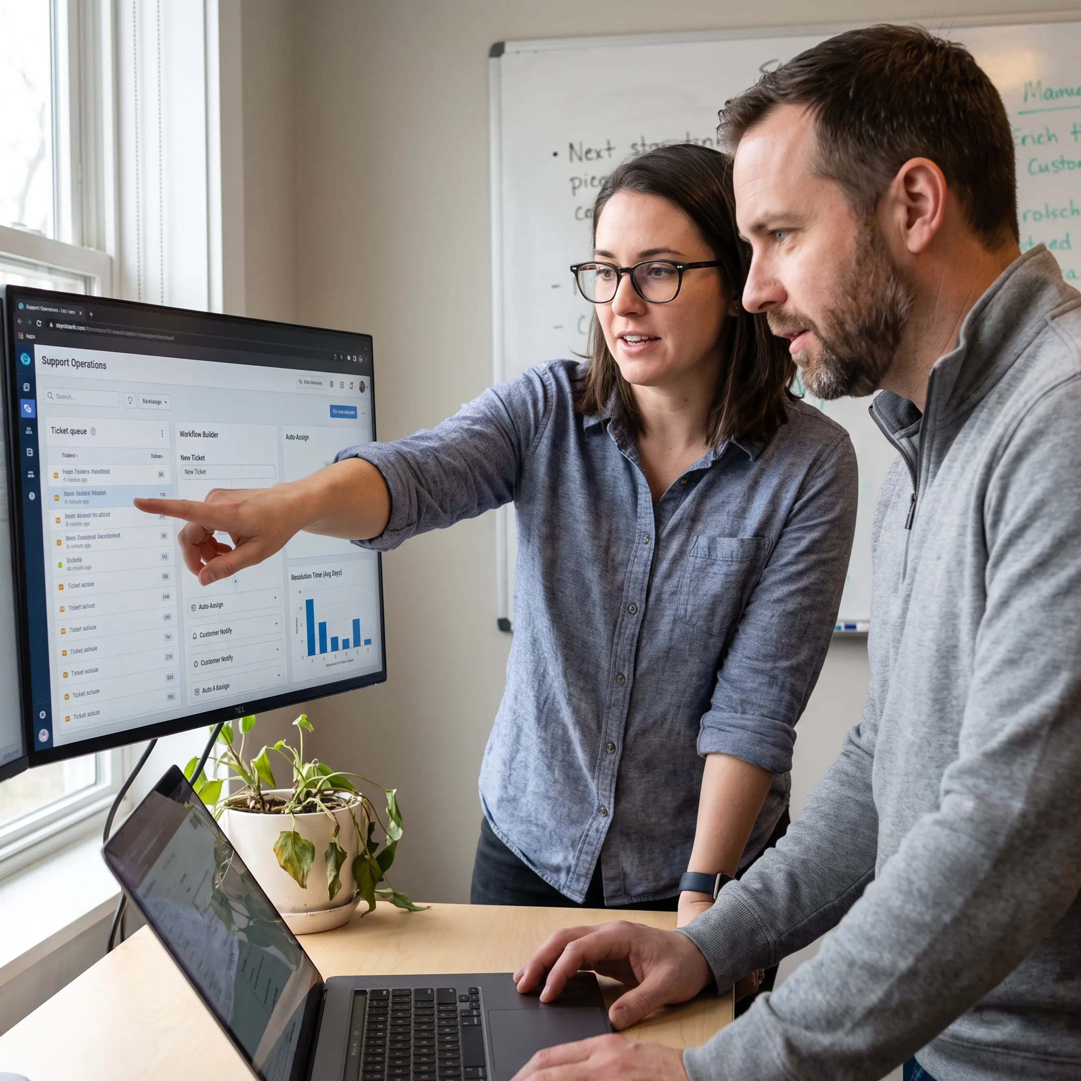 Business team collaborating around an integrated support management system
