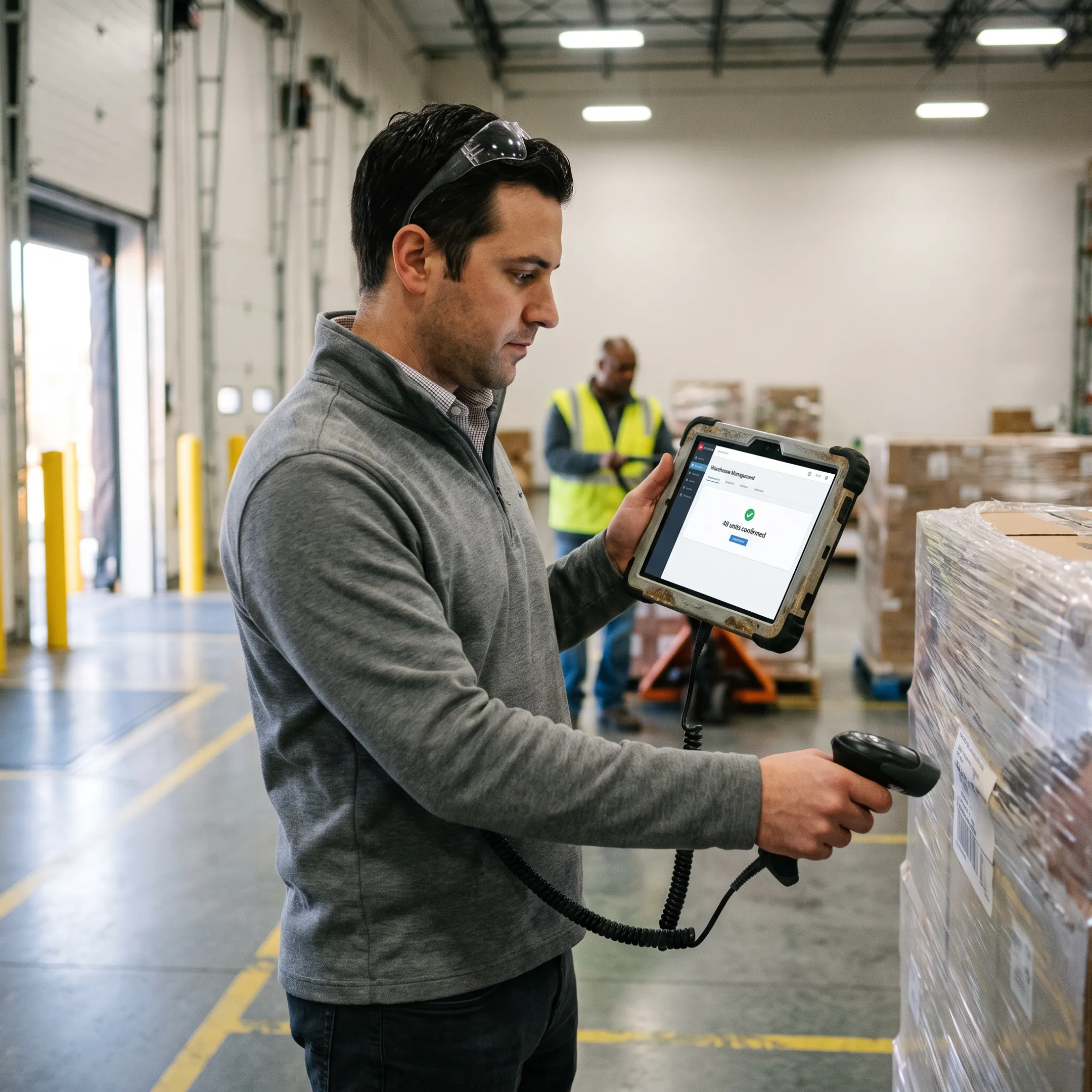 Food and beverage warehouse management software displayed beside organized inventory operations