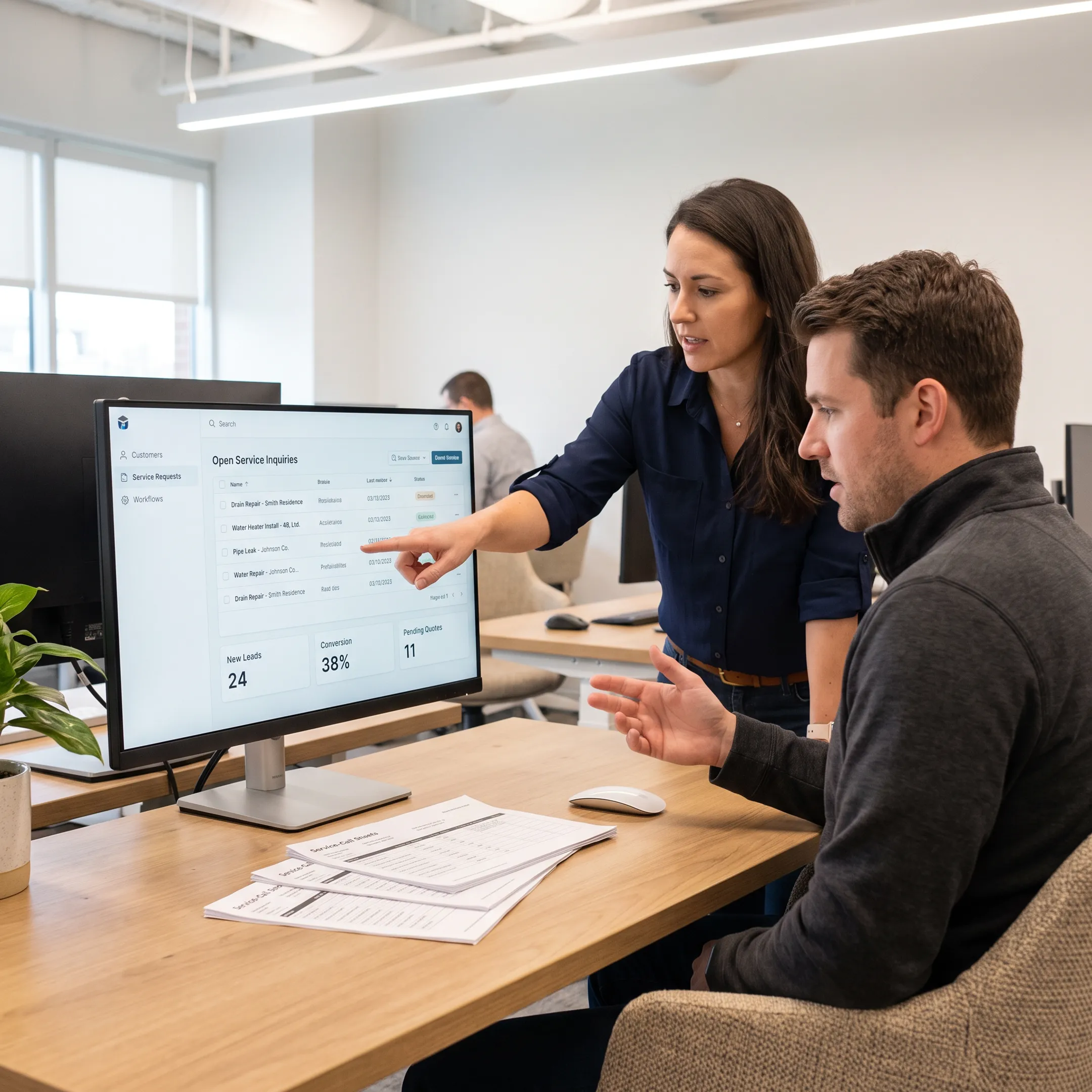 Plumbing business team using CRM software to manage customer leads