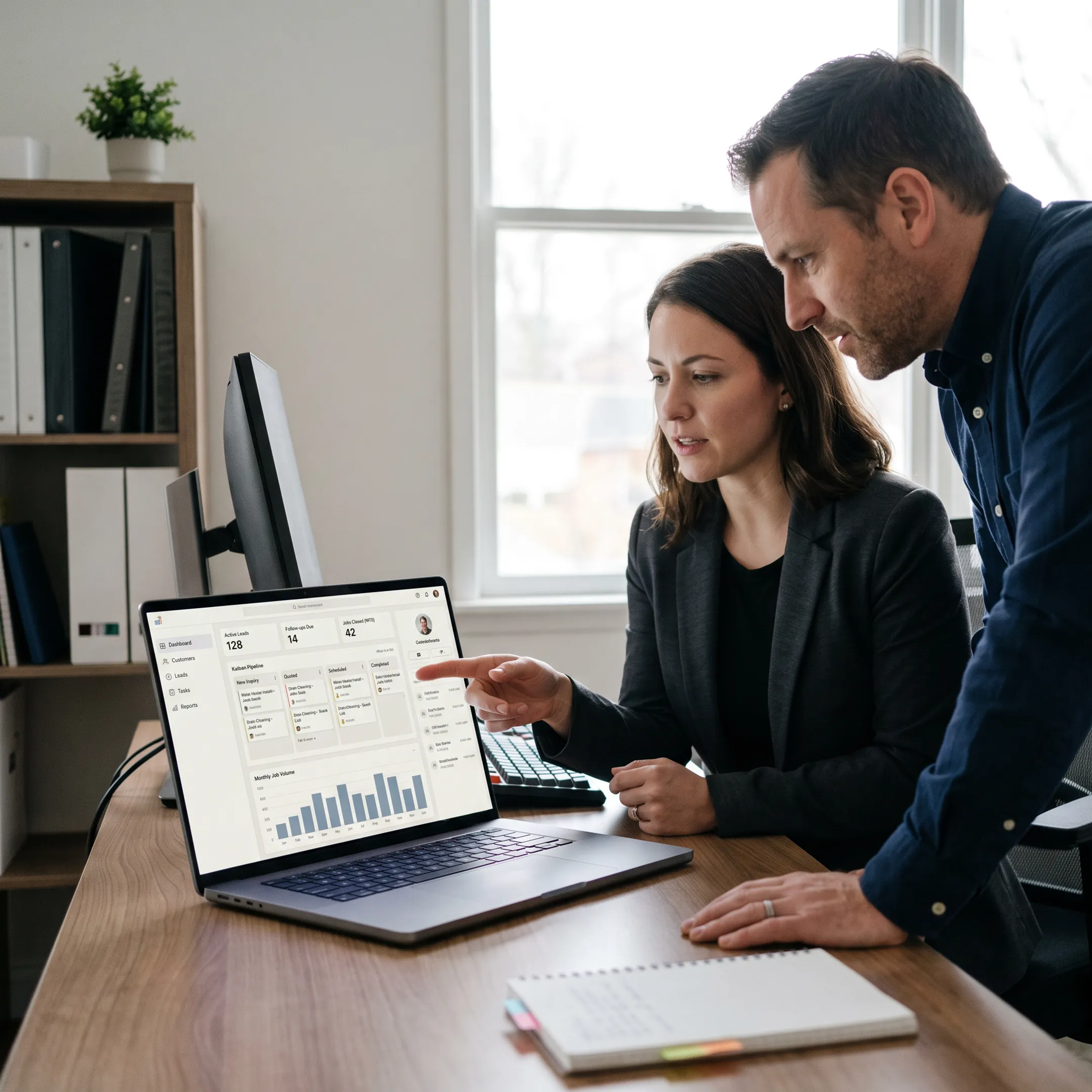 CRM dashboard displaying plumbing leads and customer activity