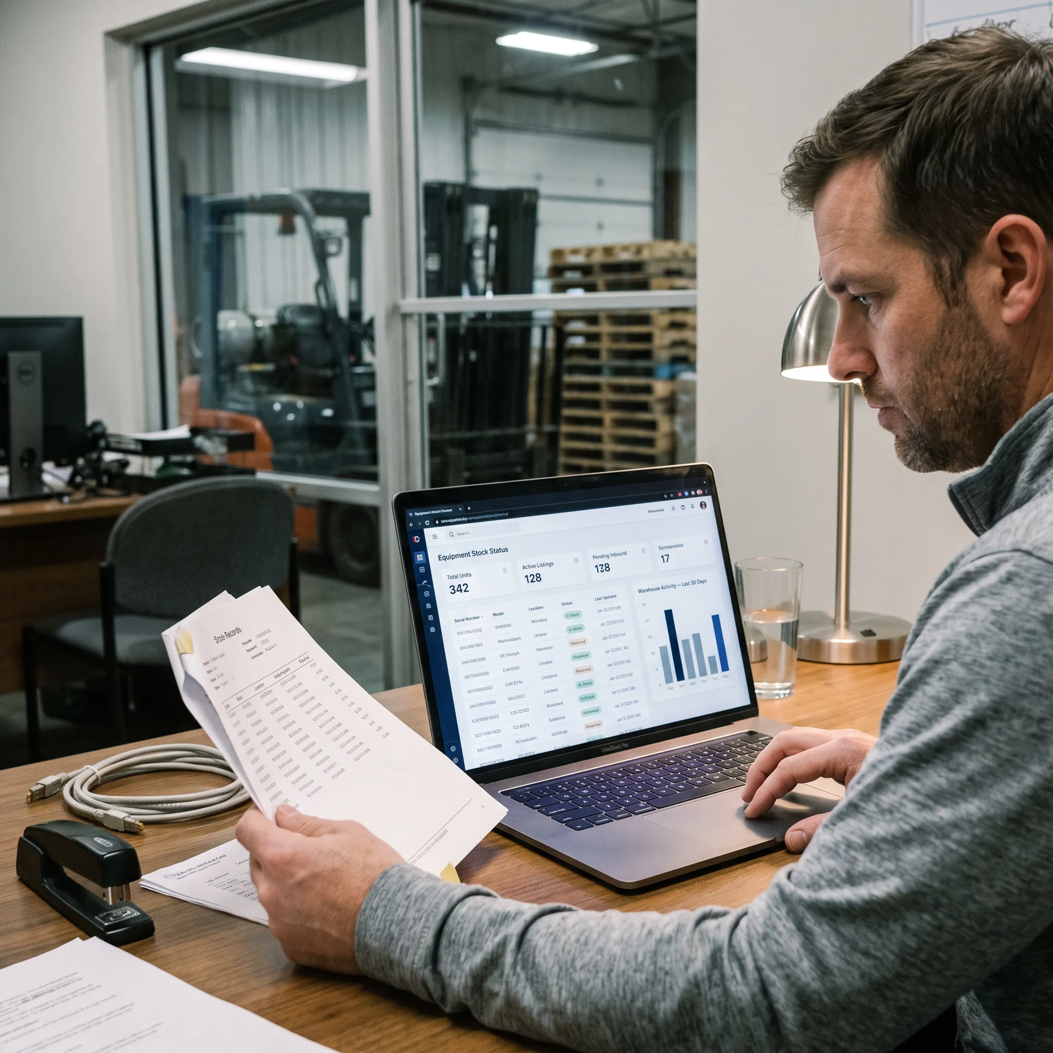 Dealer reviewing equipment inventory software on a laptop