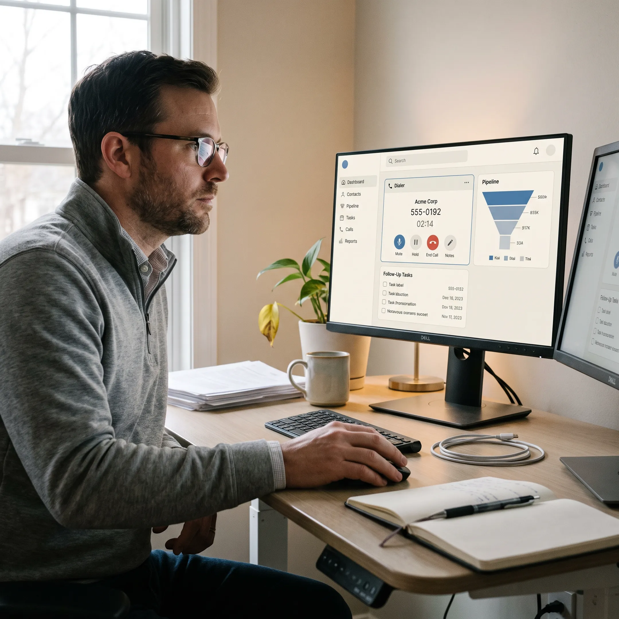 Sales professional using CRM dialer software with customer records and call activity visible on screen