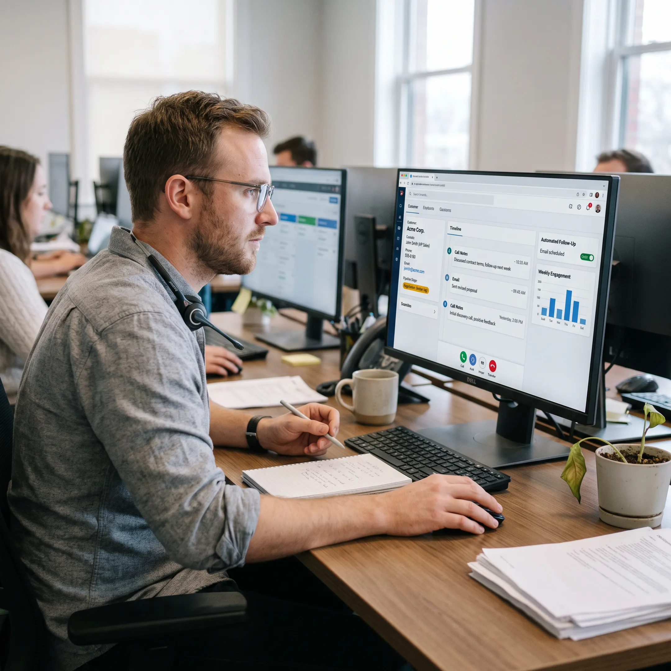 CRM dialer workflow connecting a sales call to a customer profile and follow-up task