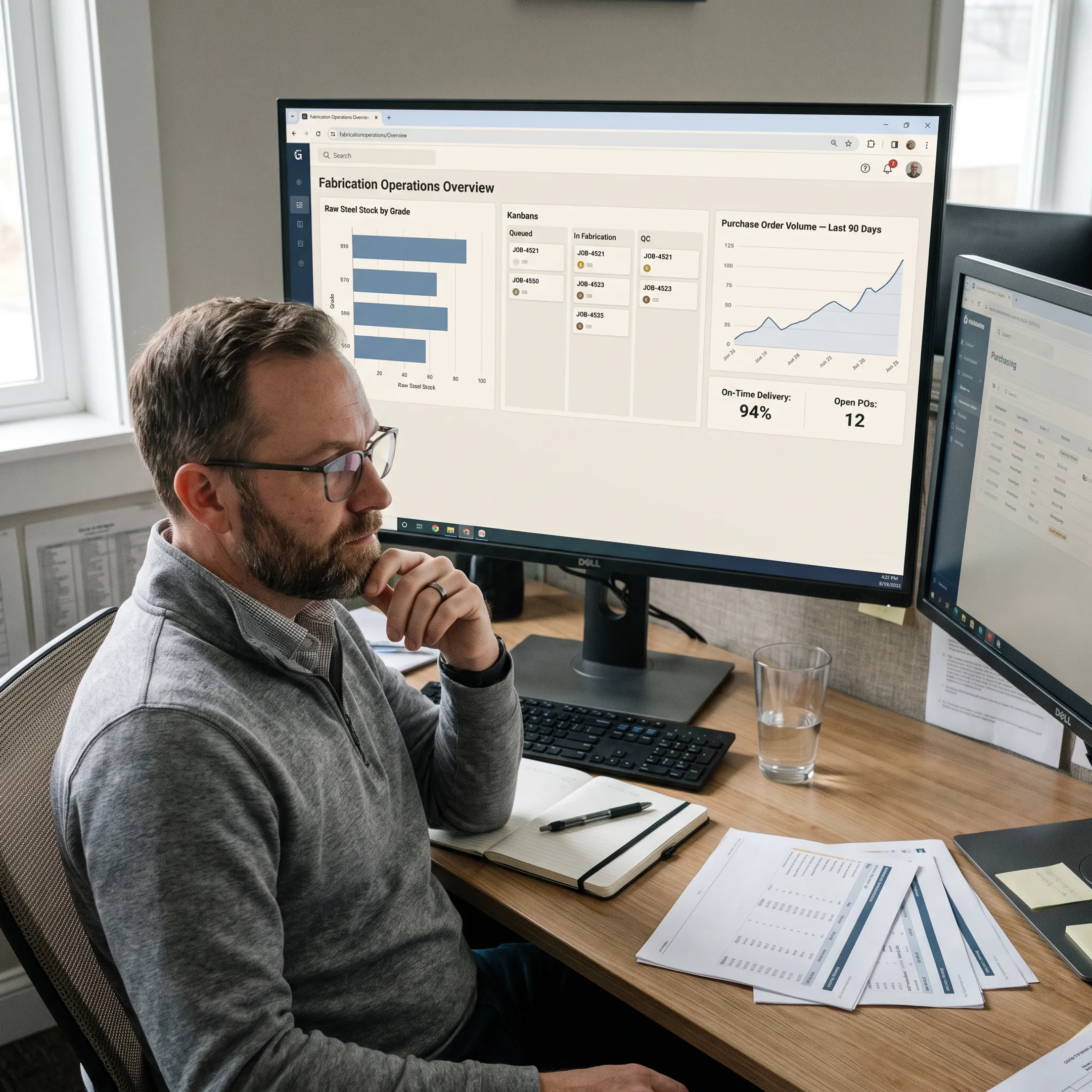 Steel fabrication manager reviewing production software dashboard
