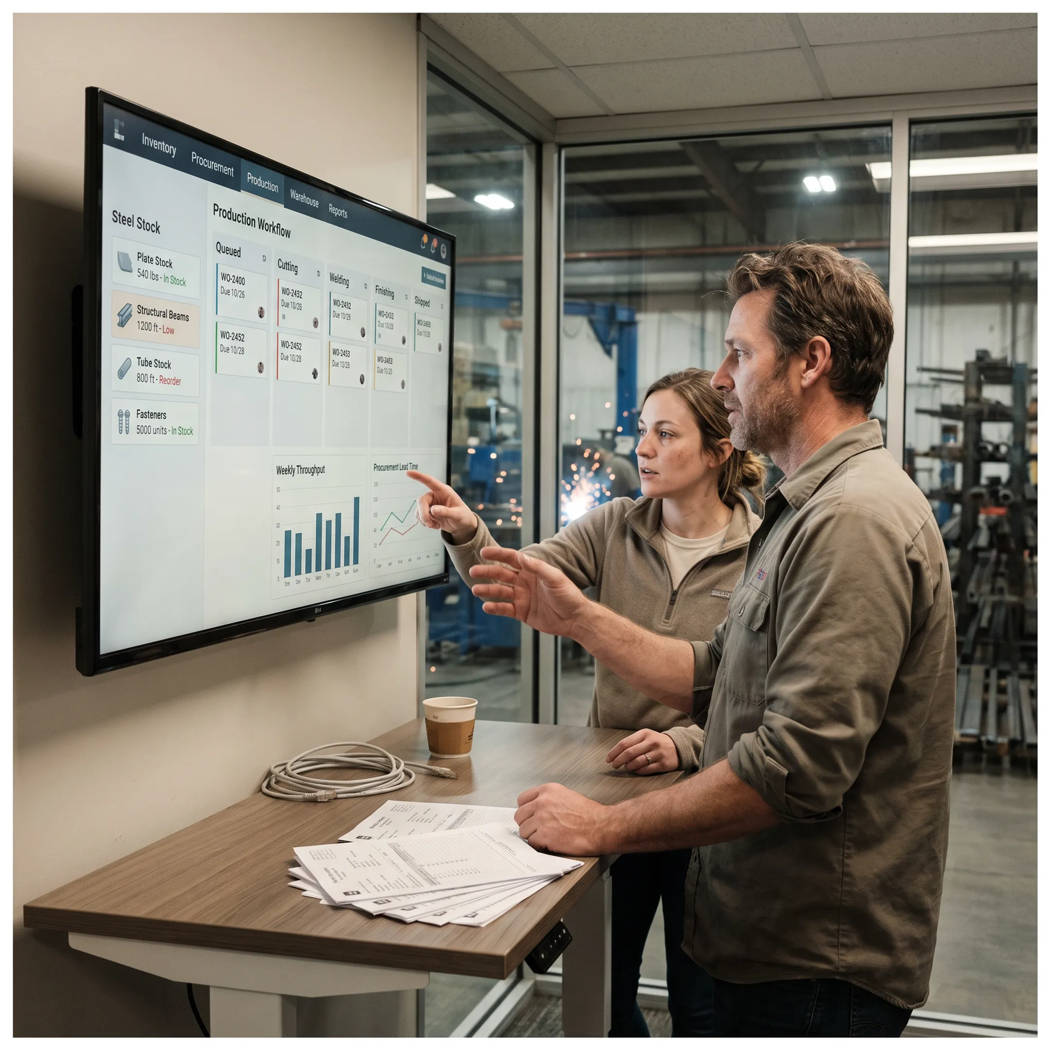Fabrication operations dashboard displayed beside steel production planning