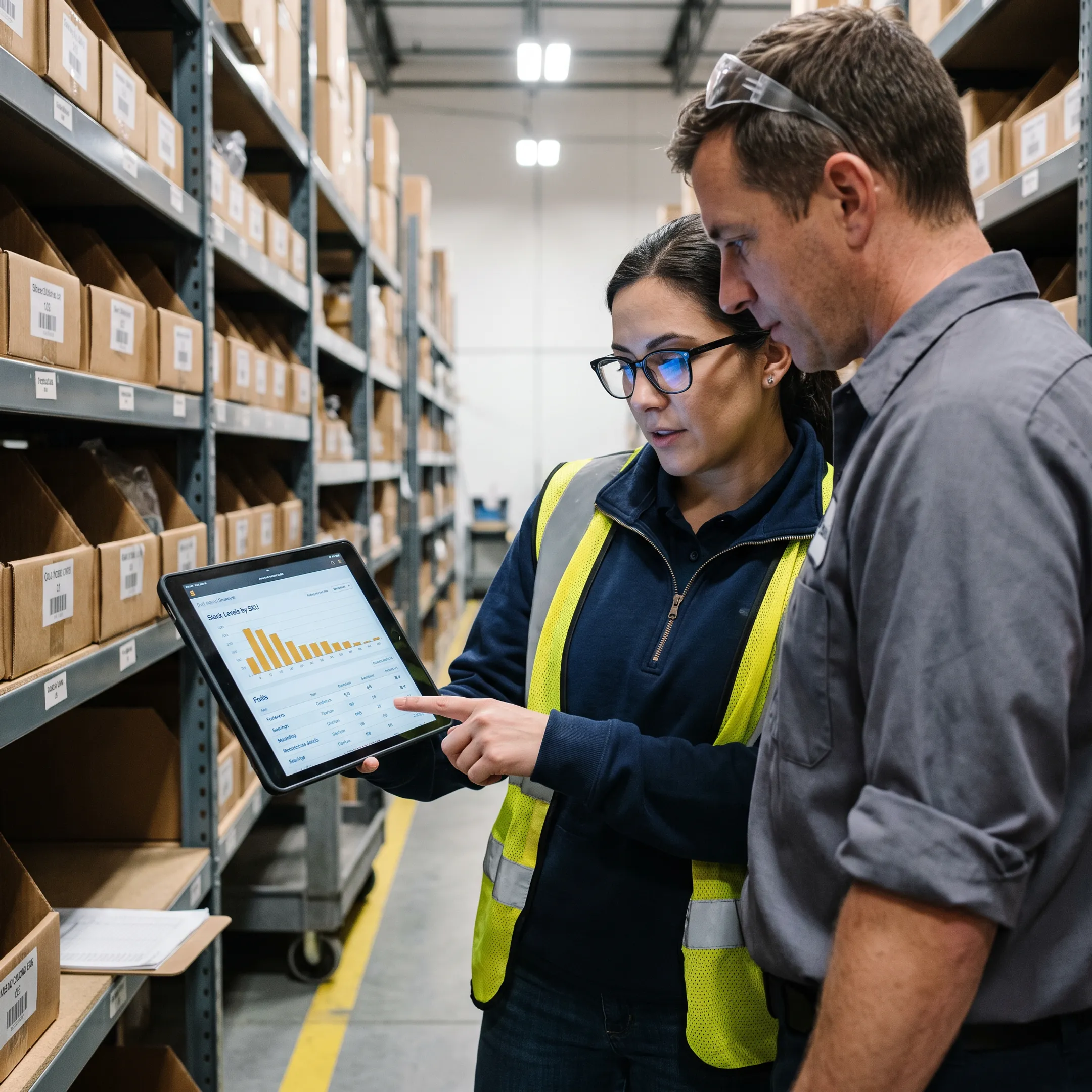 Salon team reviewing inventory software on a tablet beside organized product shelves