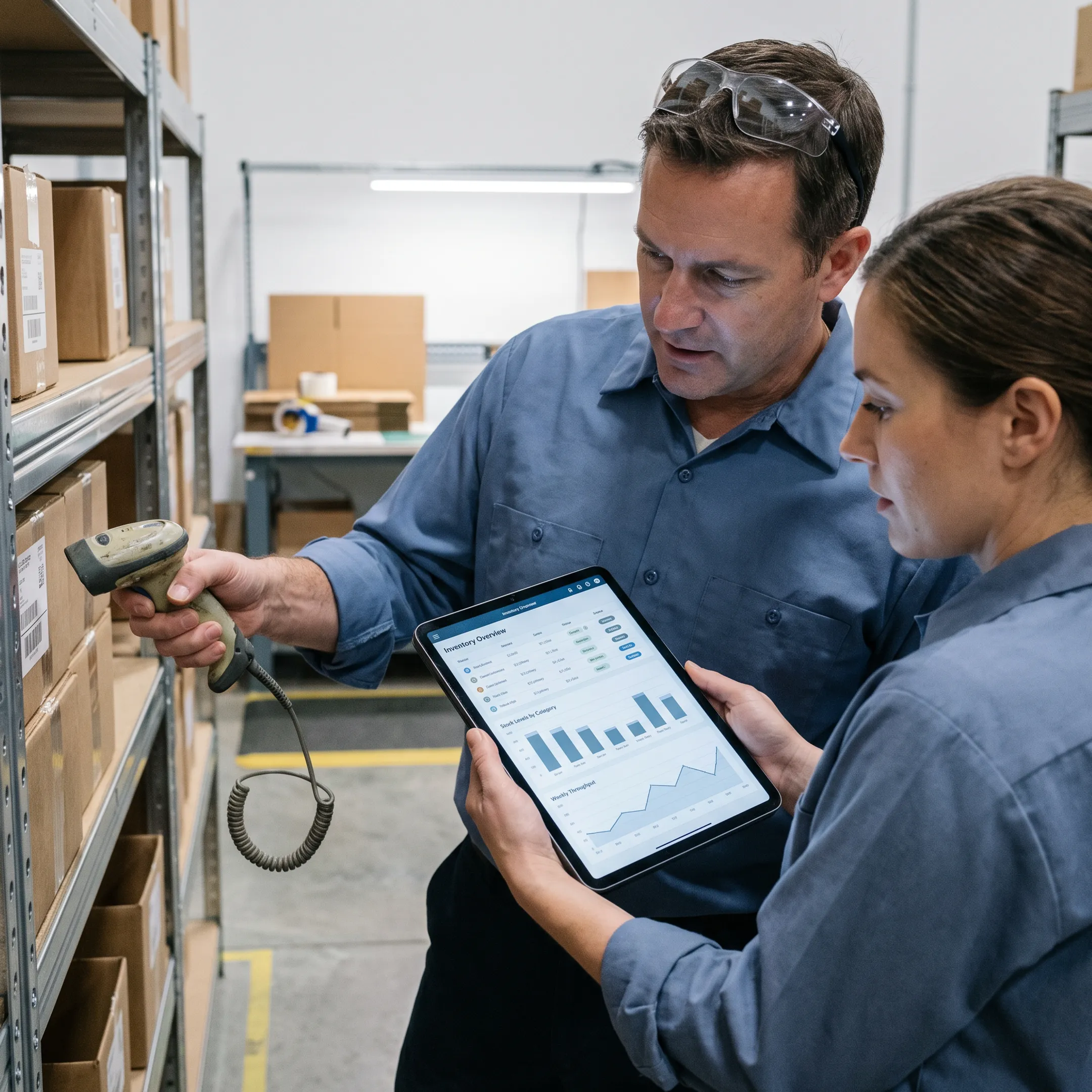 Small business warehouse team using inventory management software