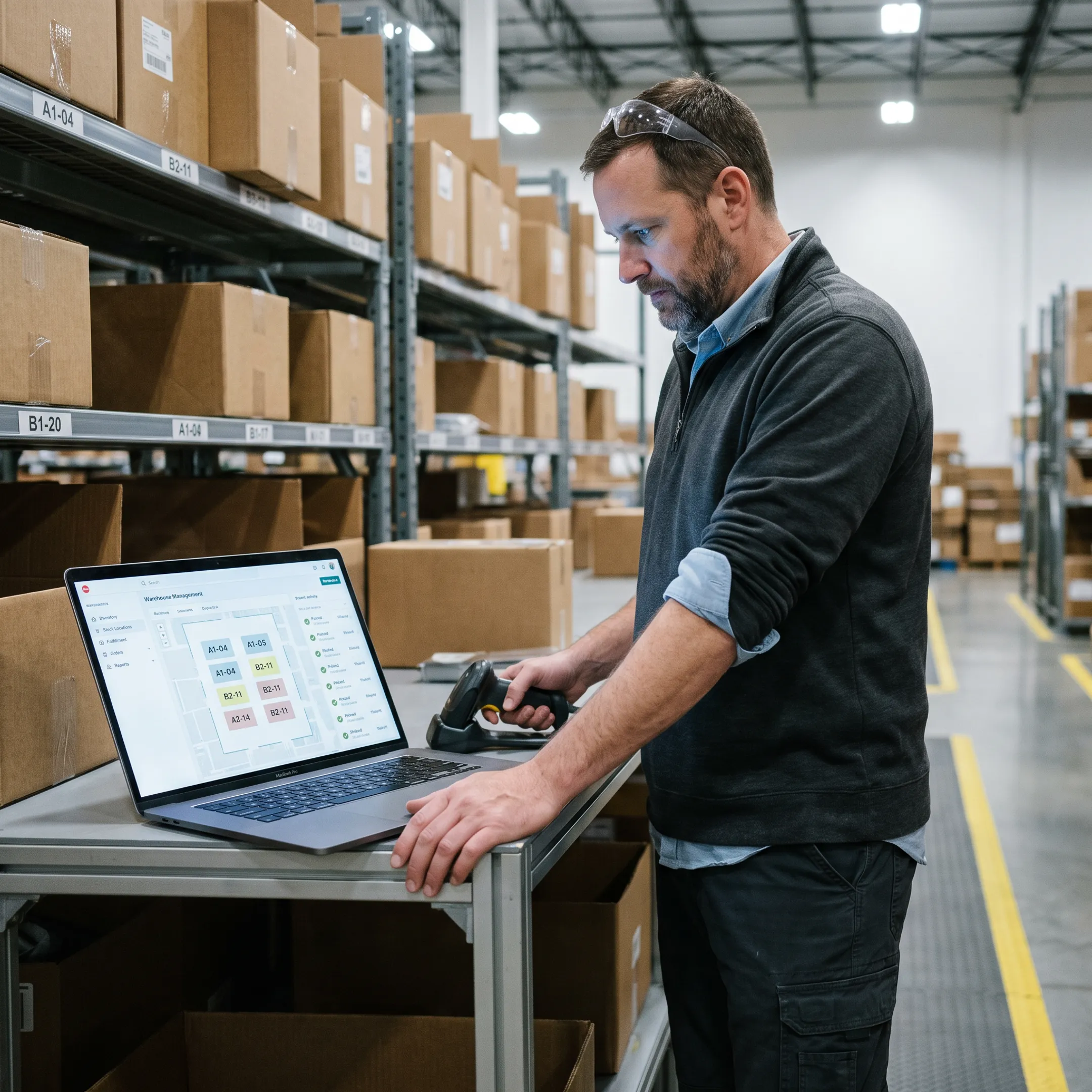 Warehouse manager reviewing inventory operations
