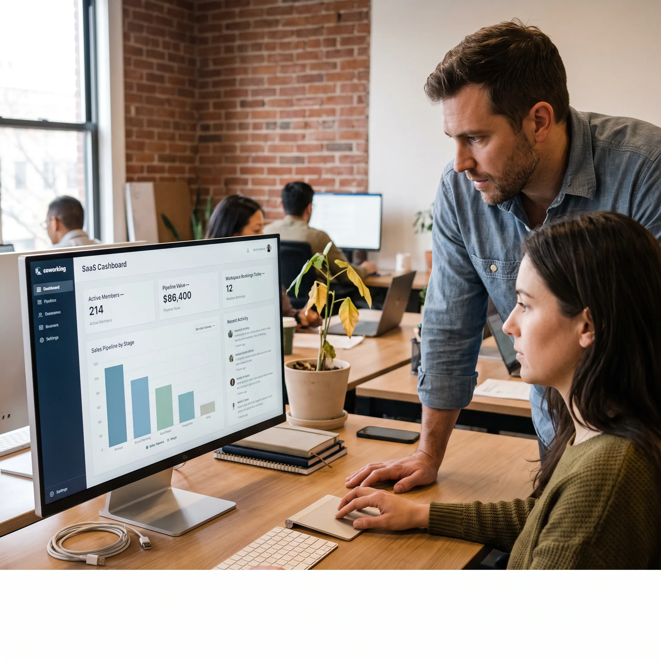 Coworking team reviewing CRM dashboard
