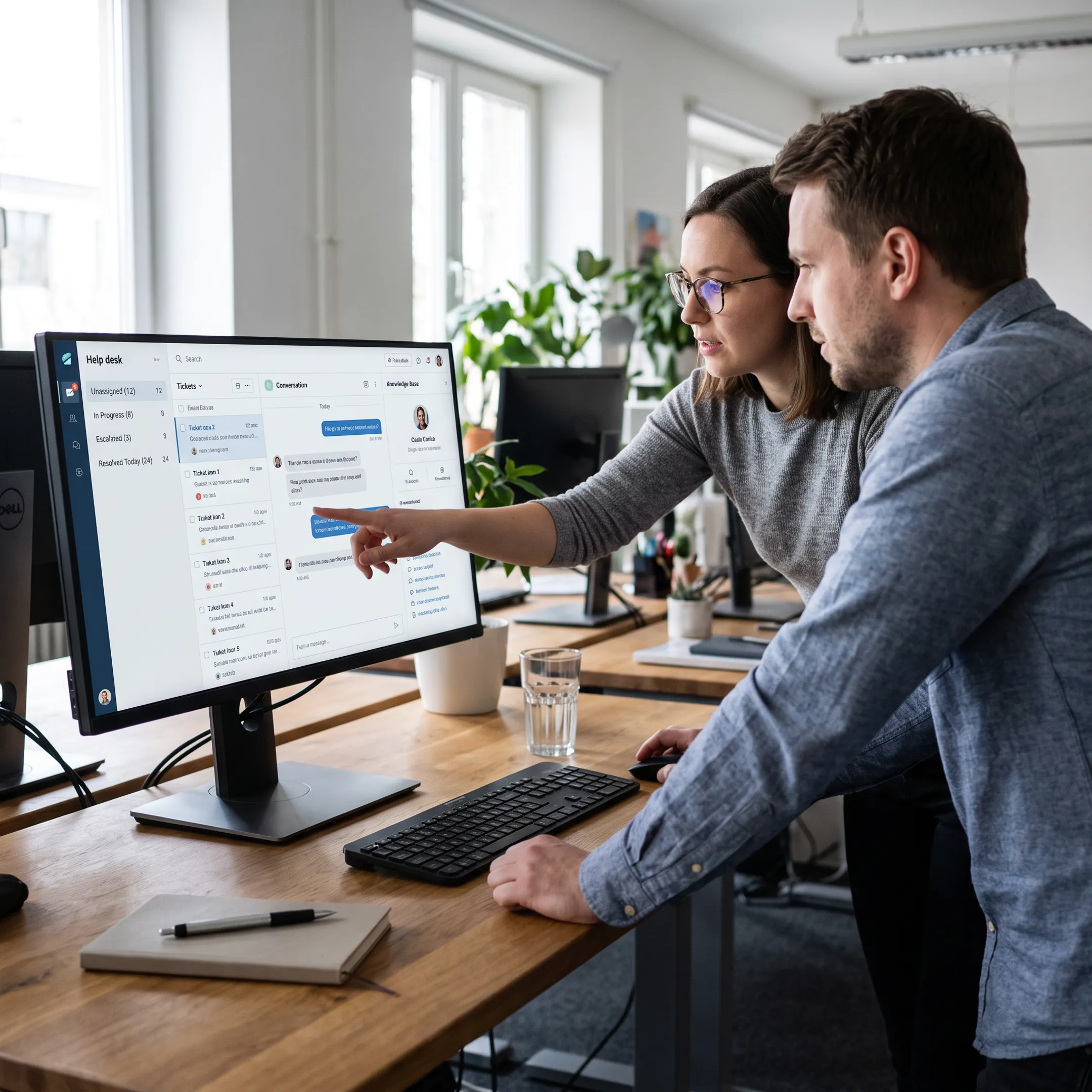 Support team reviewing a cloud help desk workspace with tickets and customer conversations