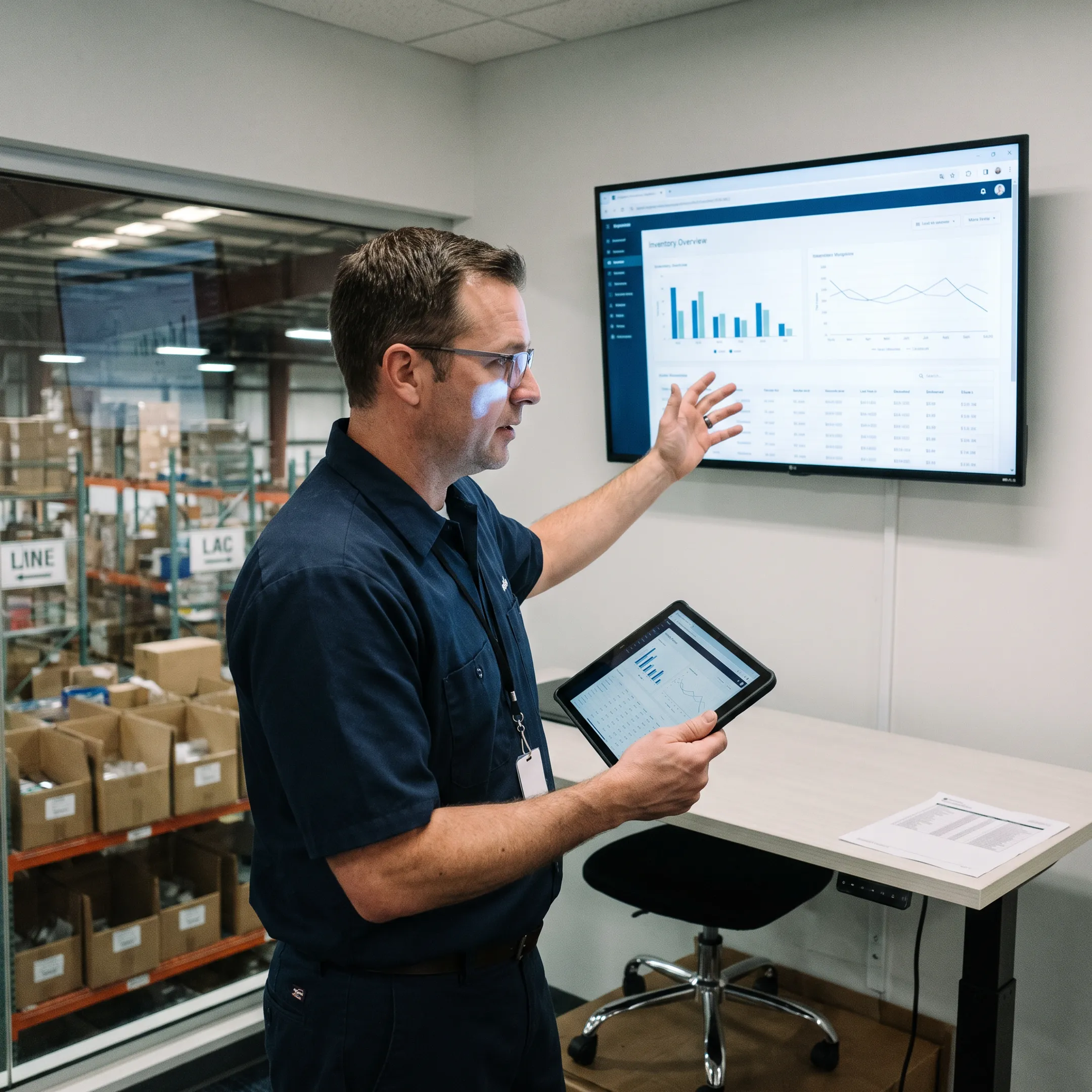 Manager reviewing raw material inventory dashboard