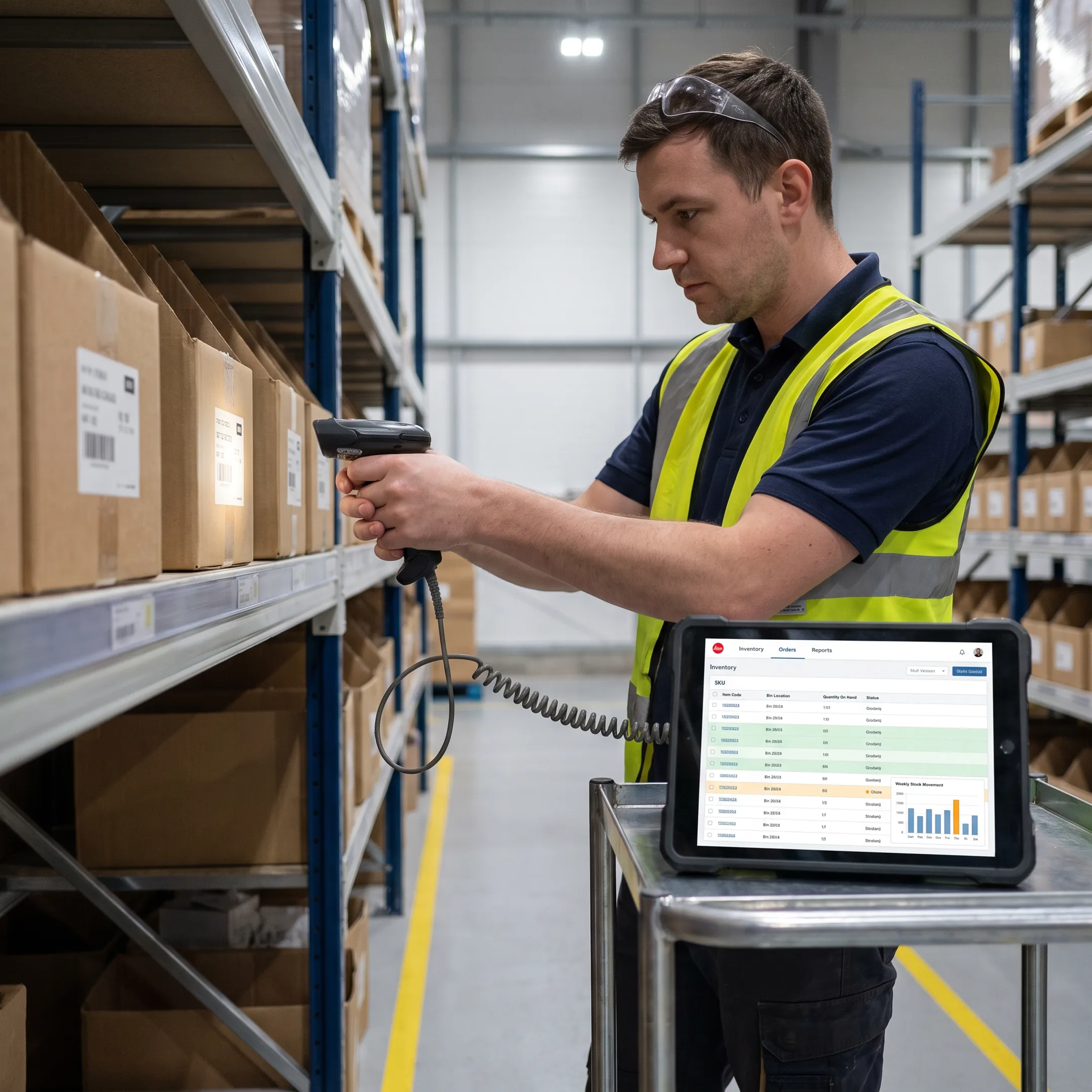 Warehouse worker scanning inventory during a cycle count