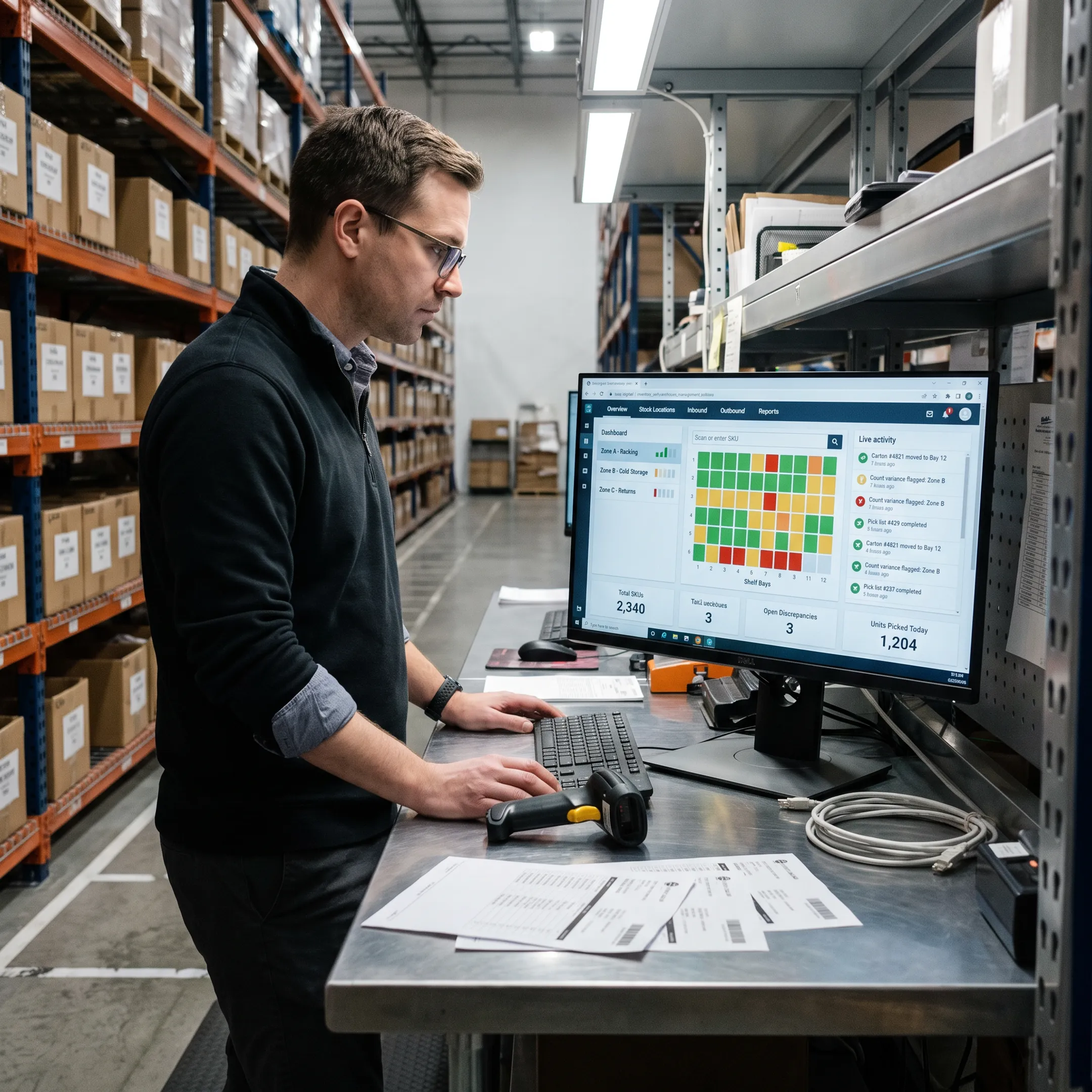 Digital inventory dashboard beside organized warehouse shelves