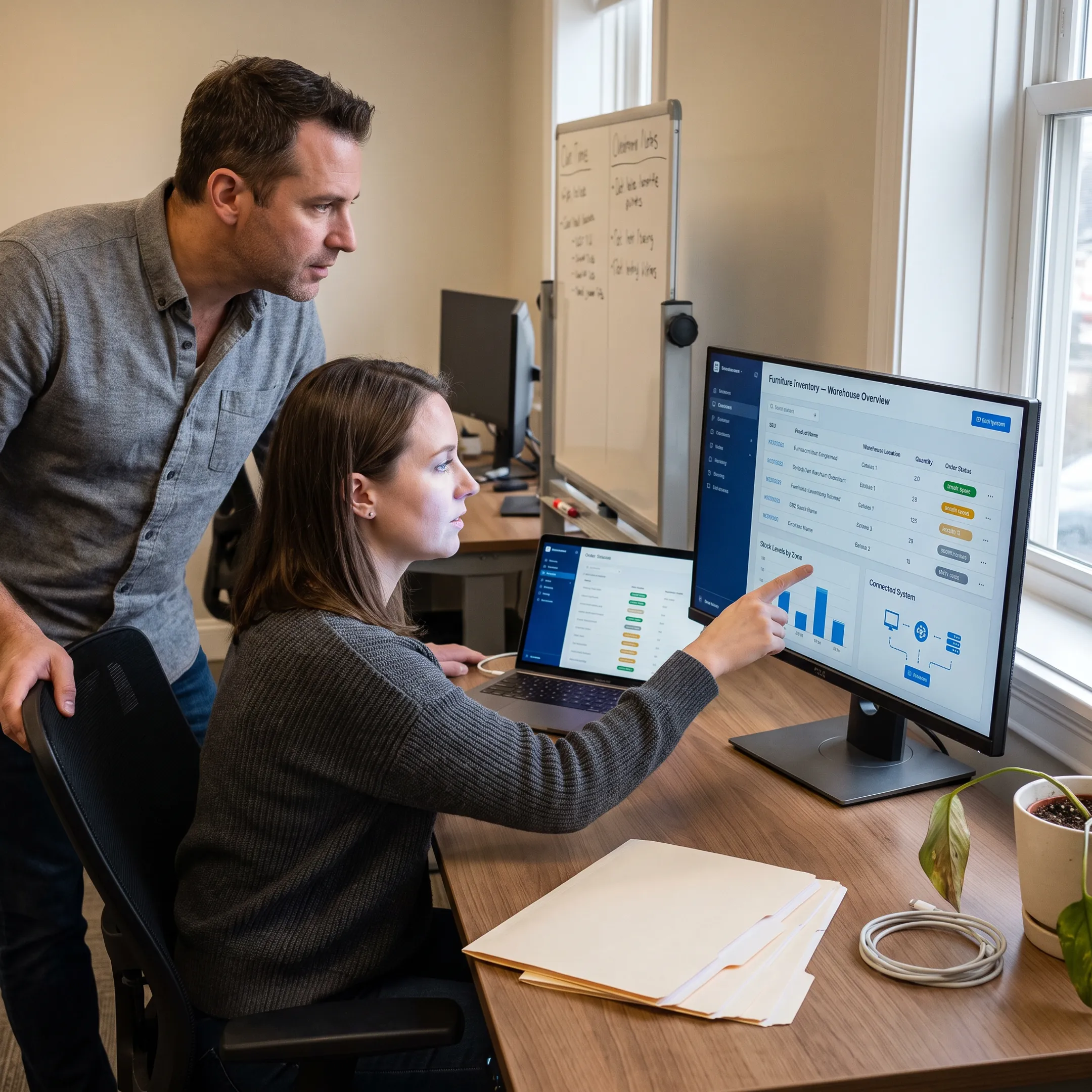 Team reviewing furniture inventory software on a laptop