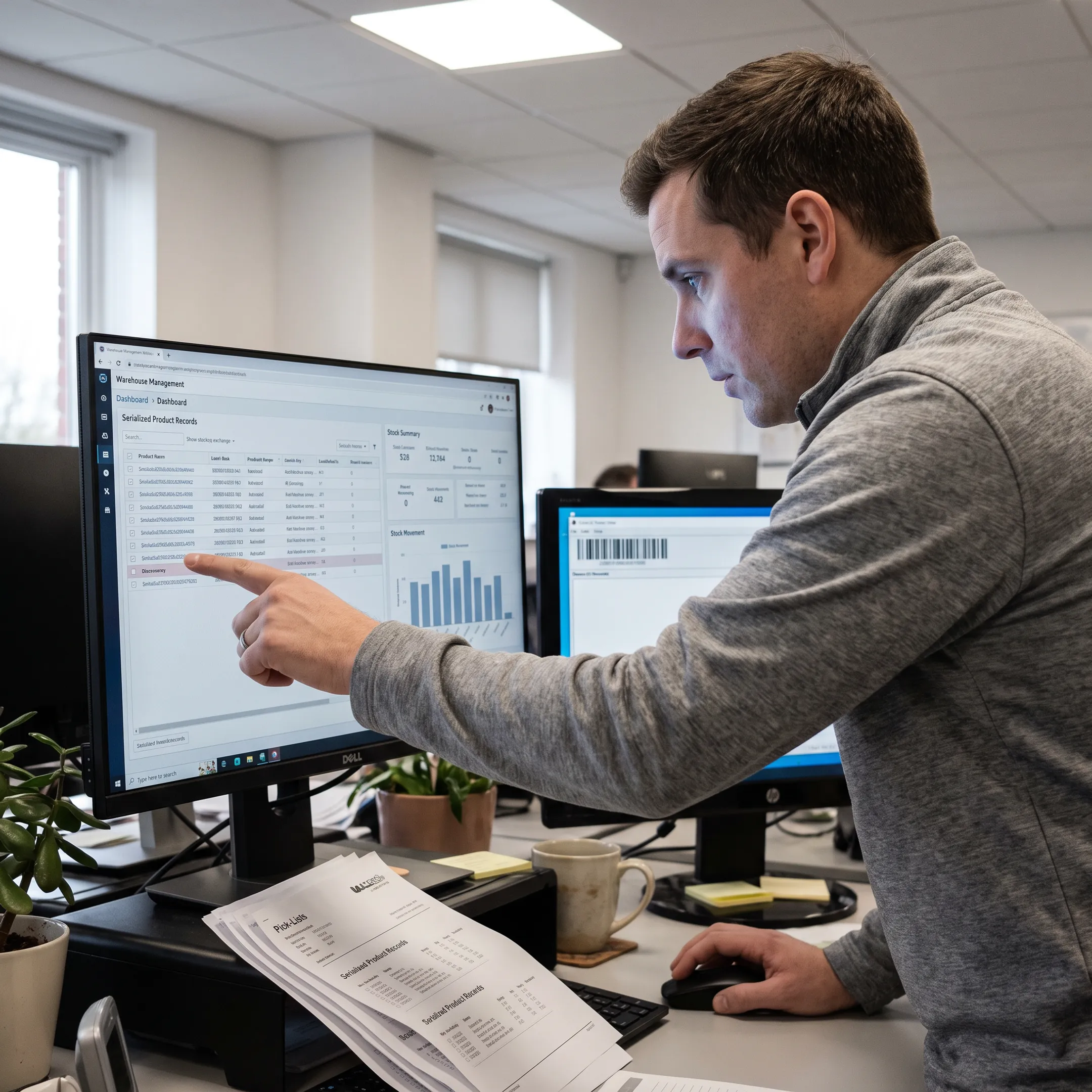 Inventory manager reviewing serialized product records on software dashboard