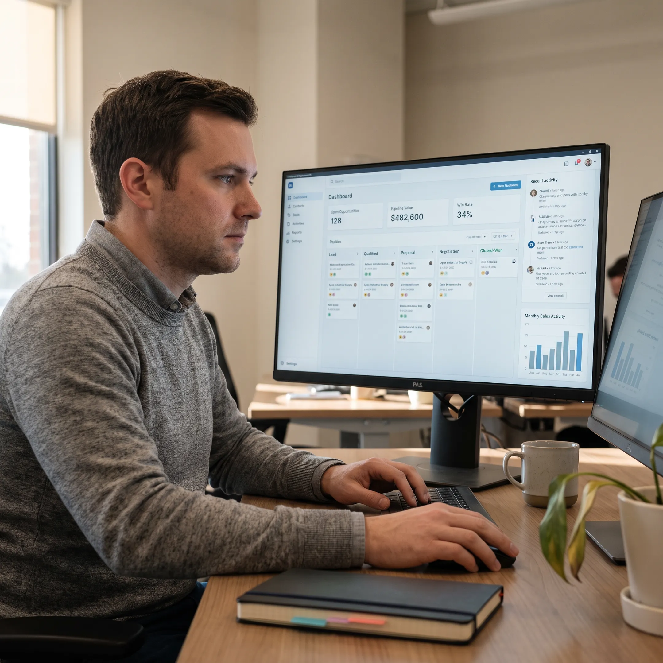 Desktop CRM dashboard displaying customer records and sales pipeline