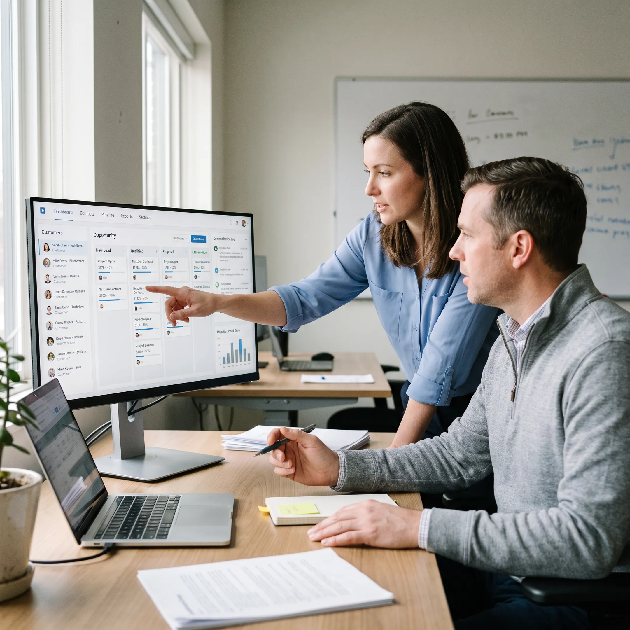 Business team reviewing CRM sales dashboard on desktop computer