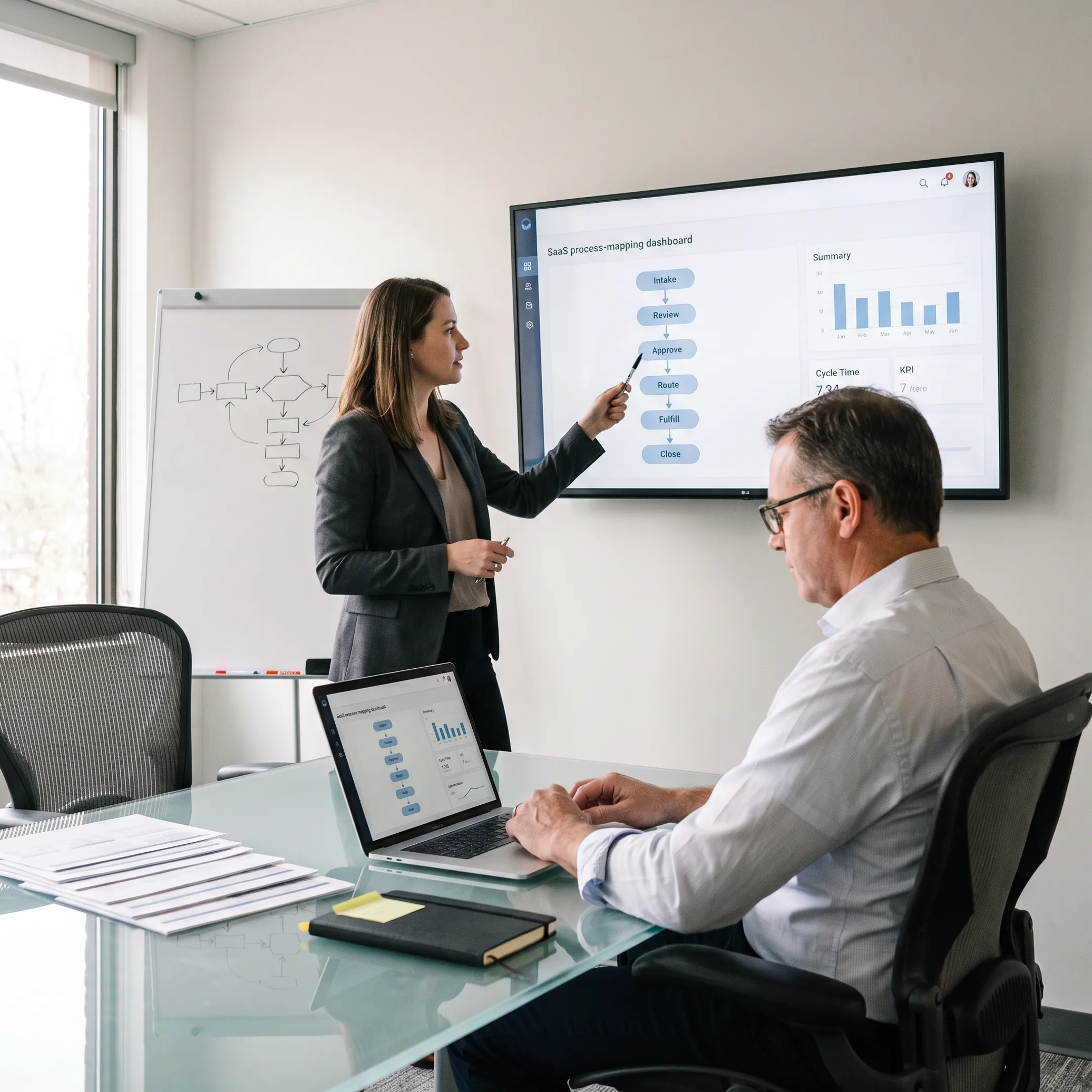 Consultants reviewing business process workflows with a client team