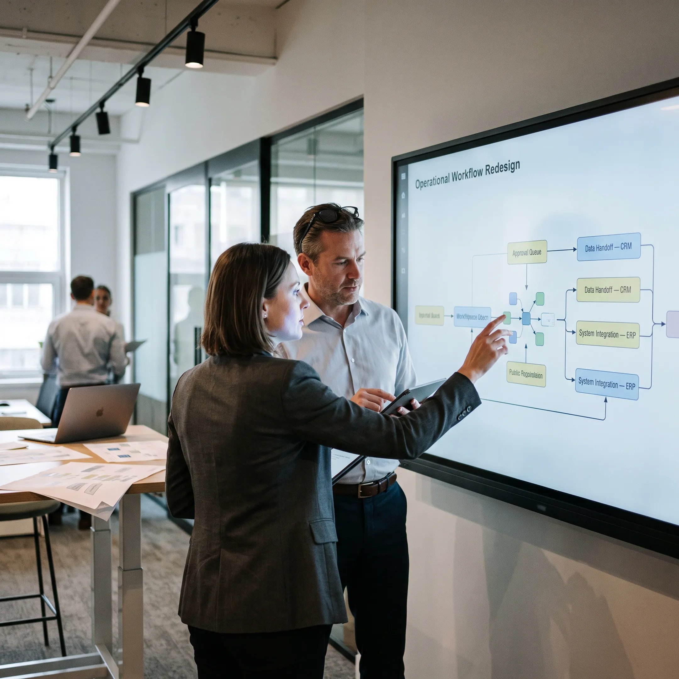 Team mapping business processes on a digital dashboard