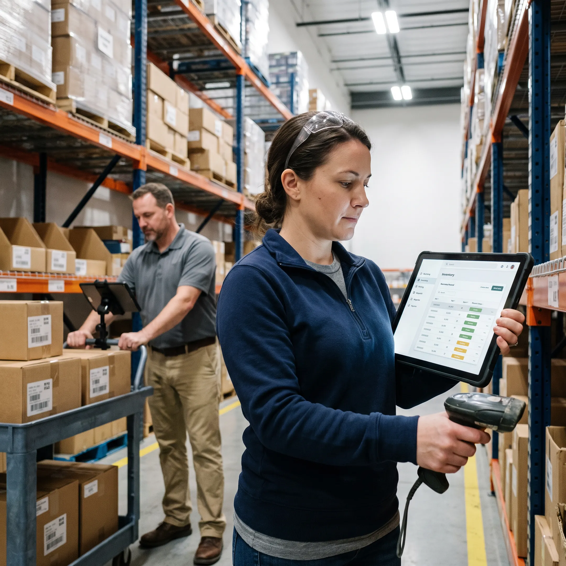 Warehouse team using inventory management software during picking operations