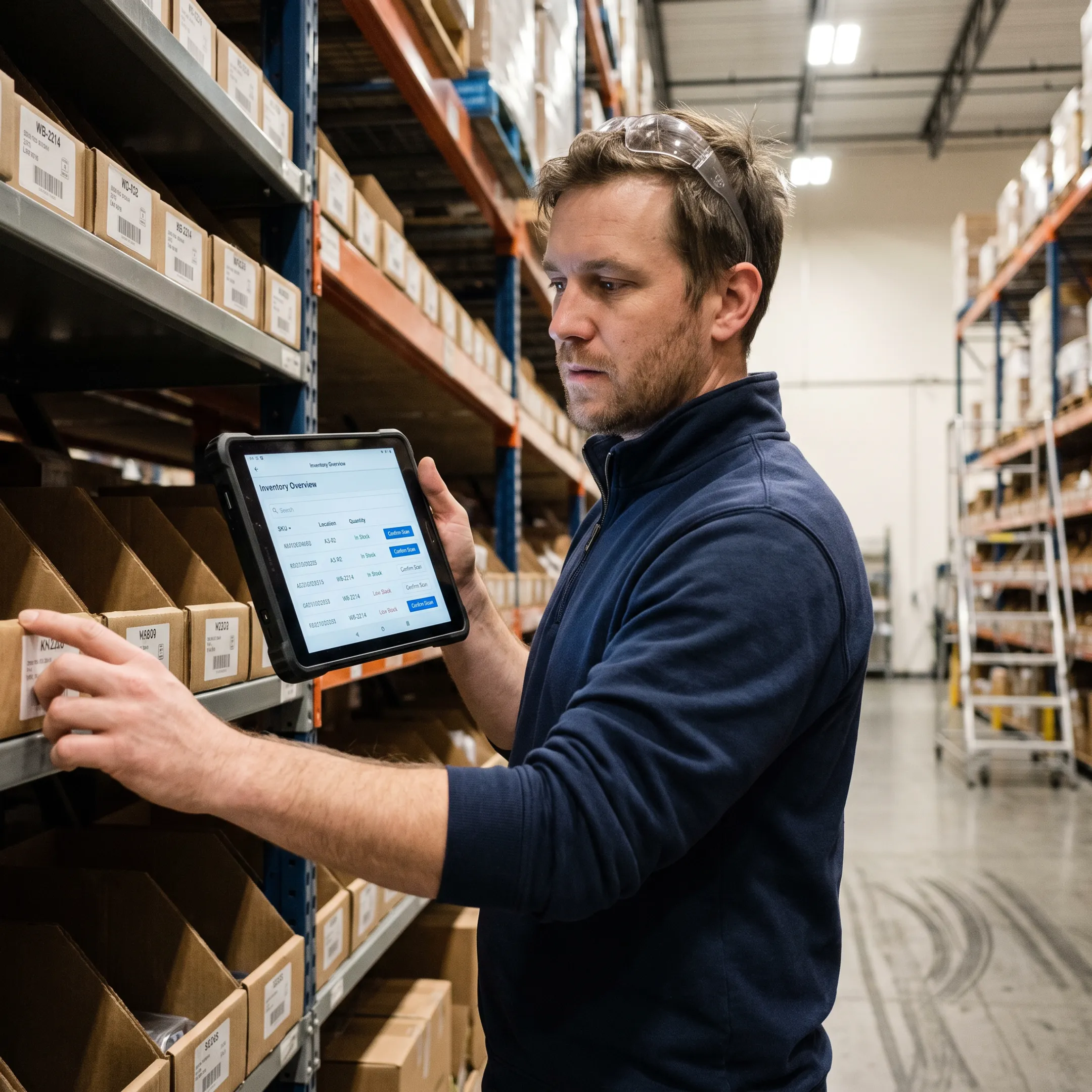 Warehouse operator scanning inventory with custom software