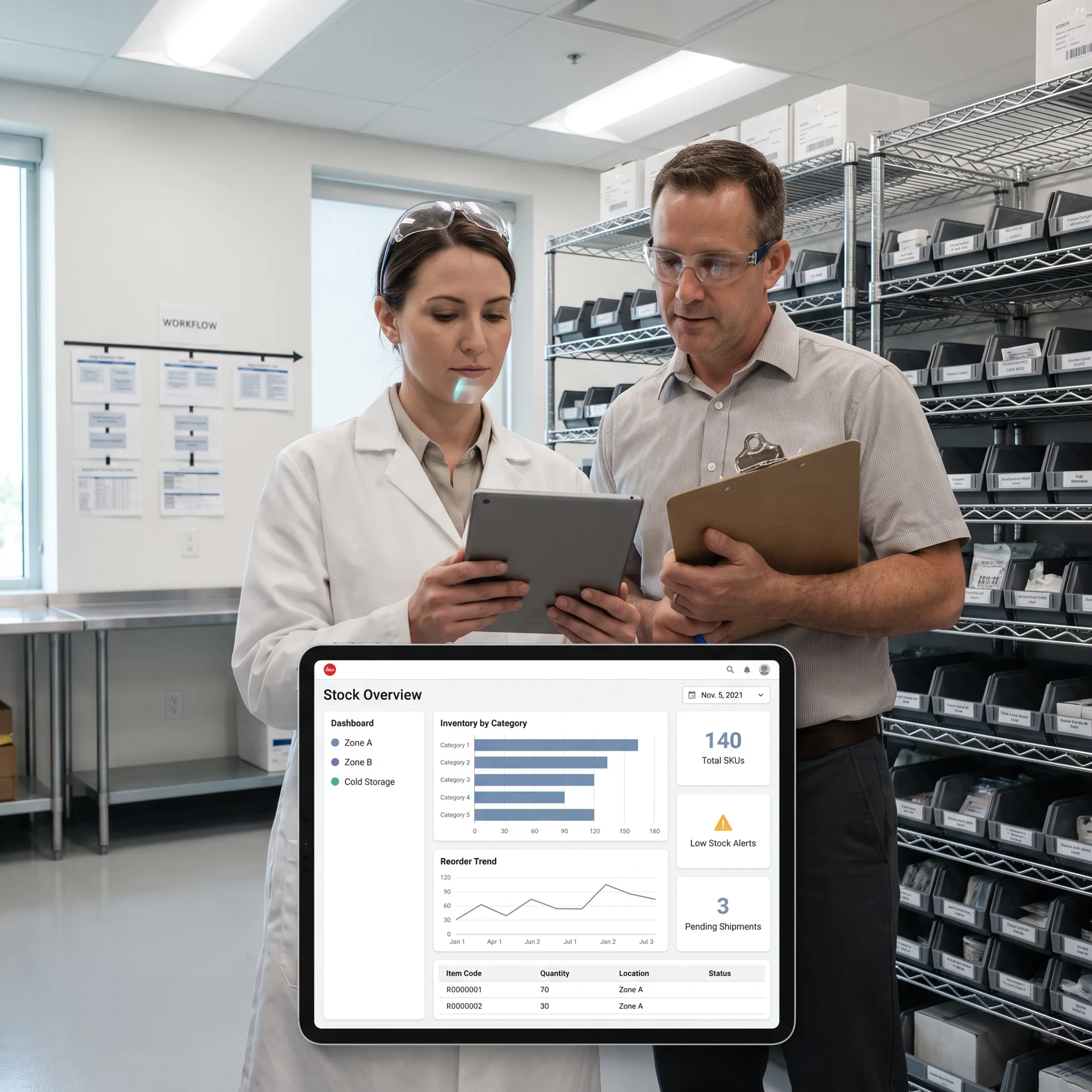 Team reviewing laboratory inventory software and organized stock records