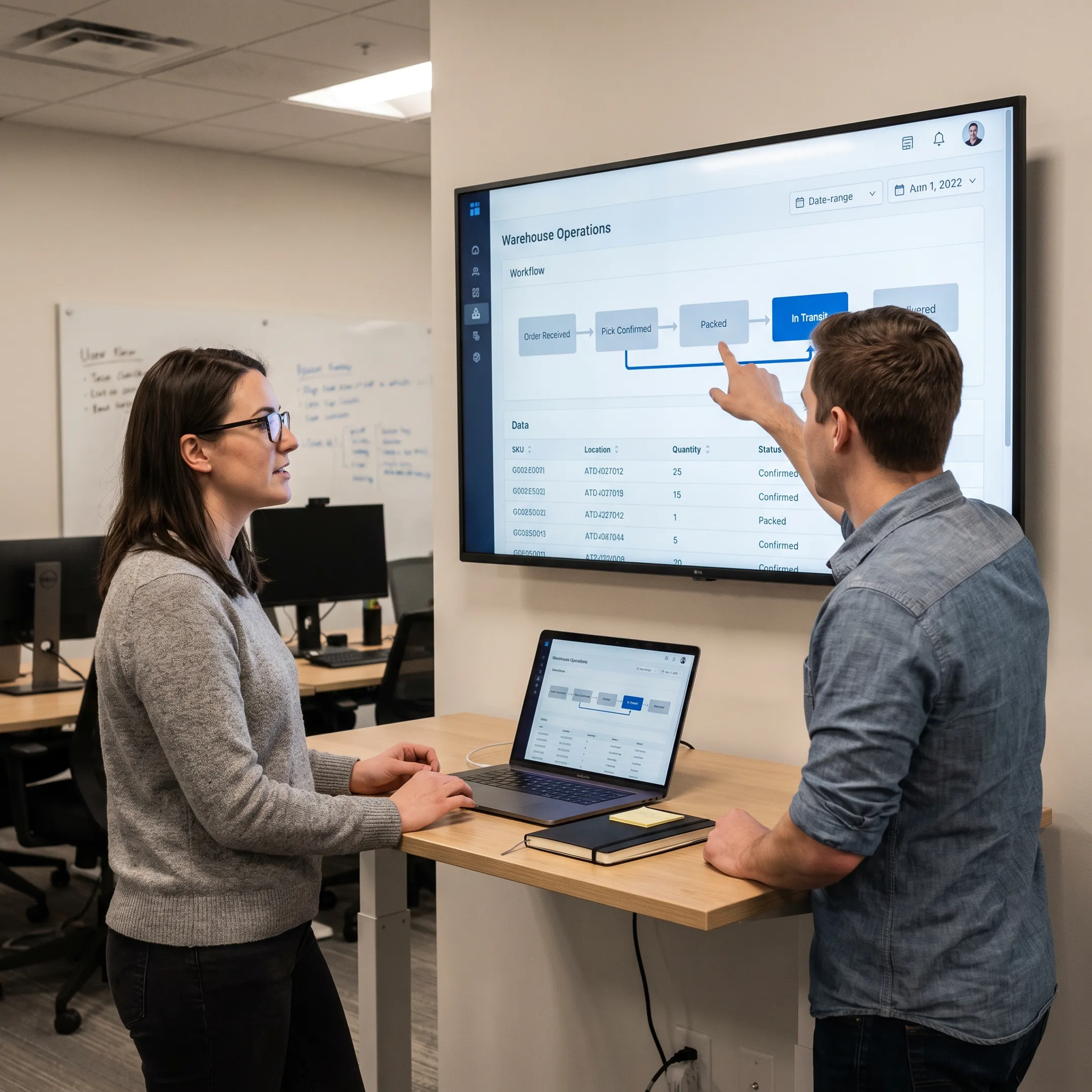 Team reviewing logistics software workflows and warehouse data
