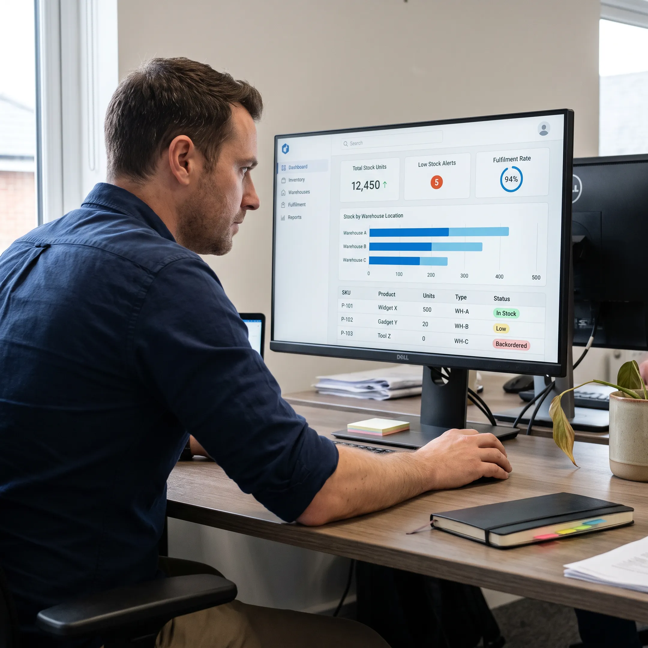 Smart inventory management dashboard displaying stock levels and warehouse activity