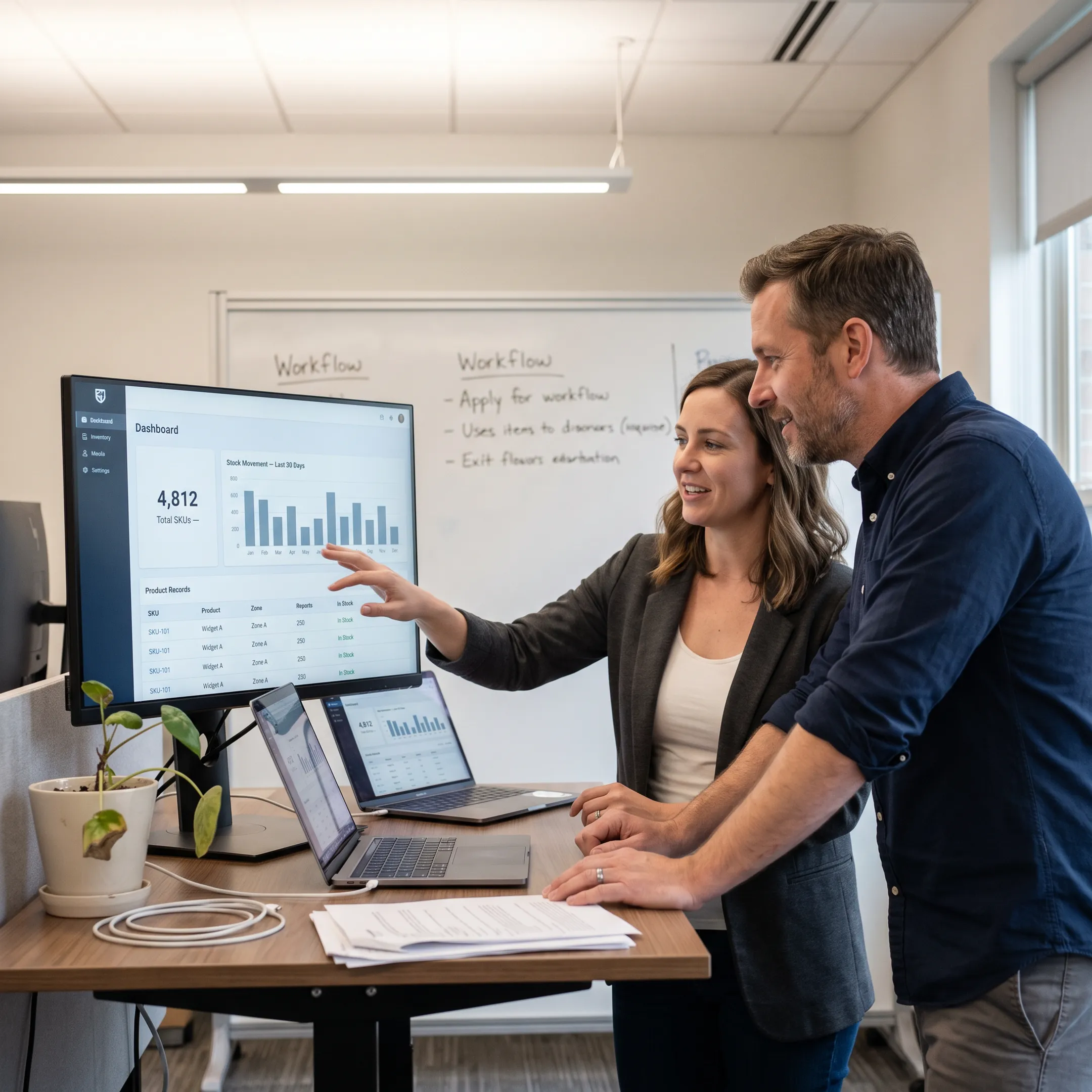 Team reviewing a connected inventory software interface