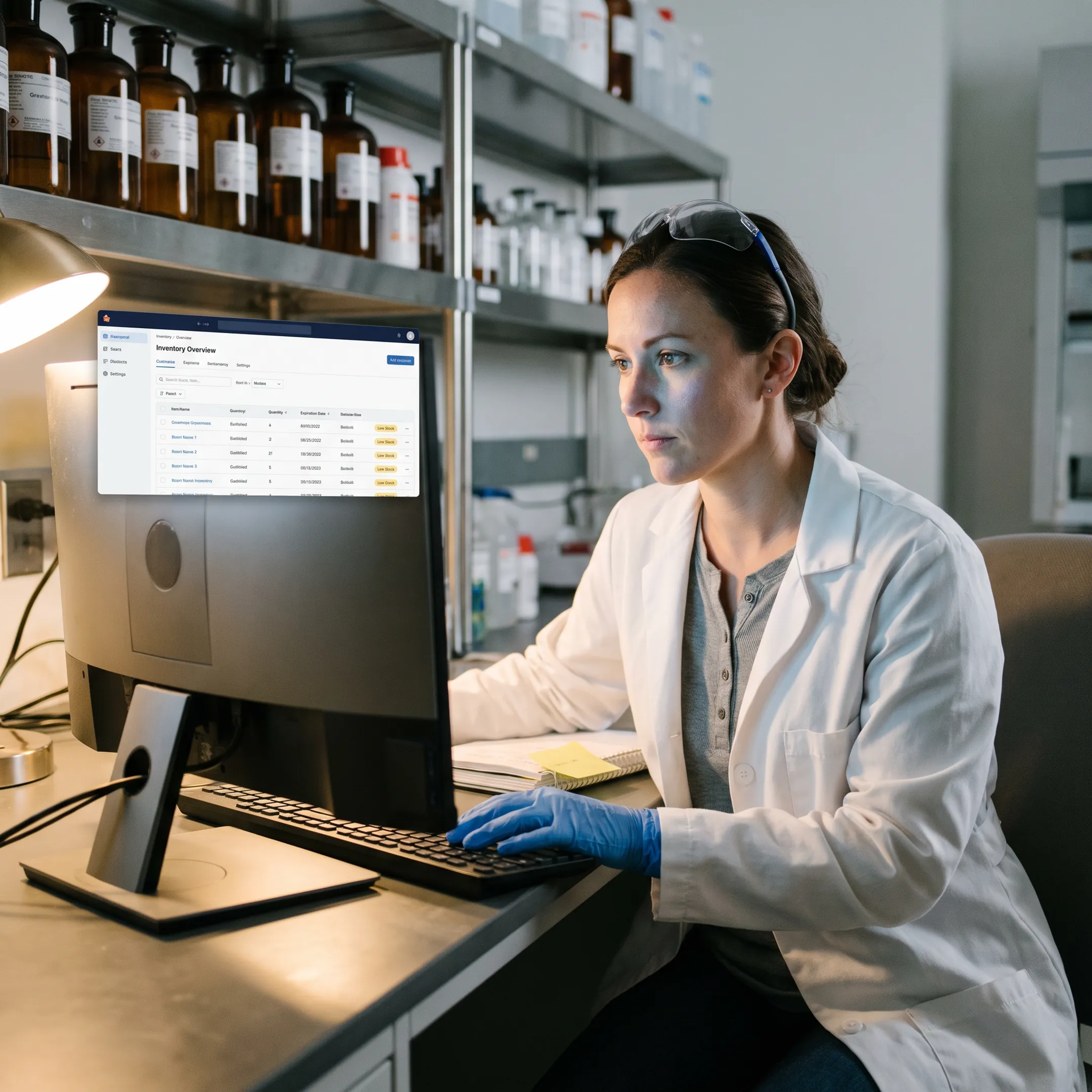 Technician reviewing laboratory inventory records