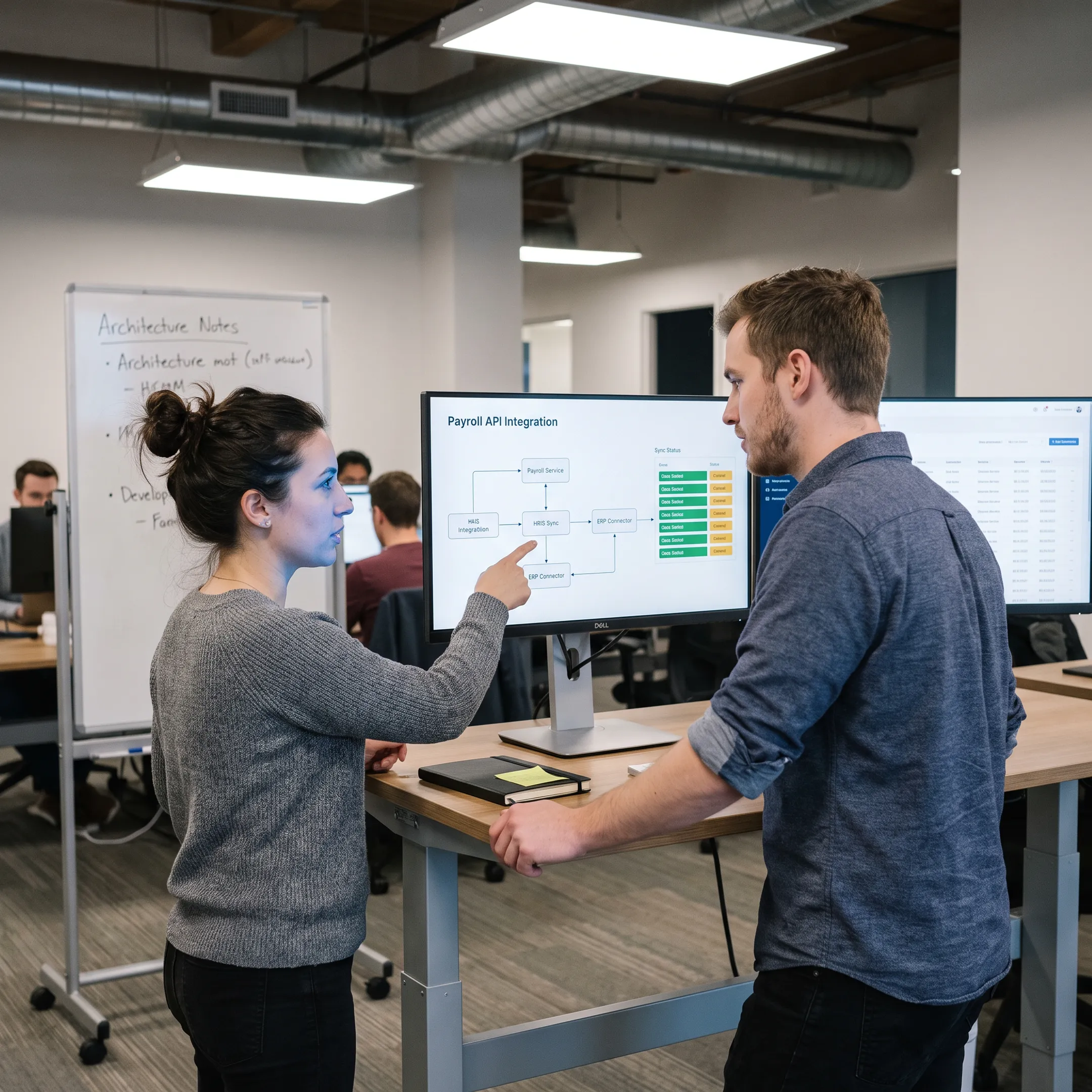 Developer reviewing payroll API integration workflow on a monitor
