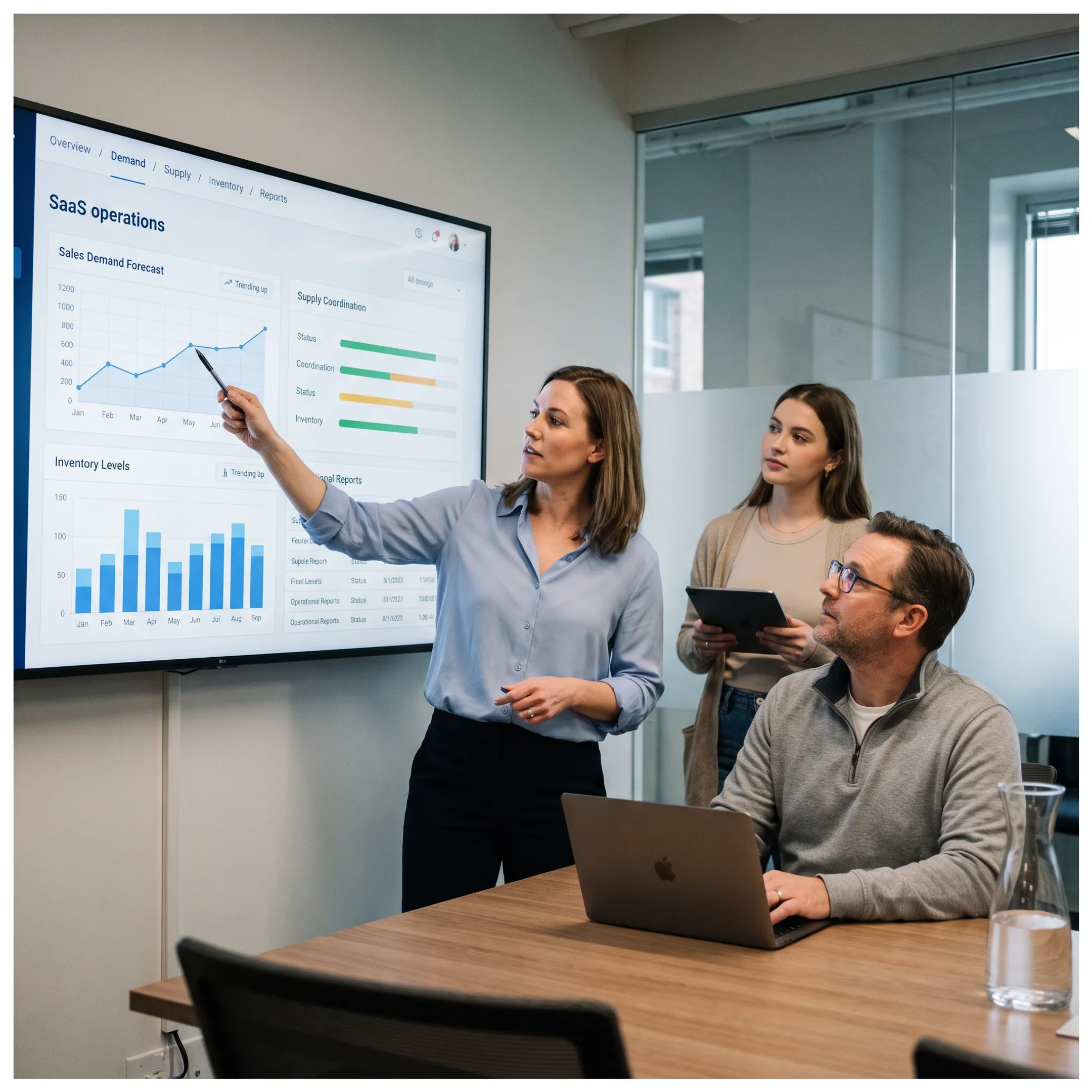 Team collaborating around an operations planning dashboard